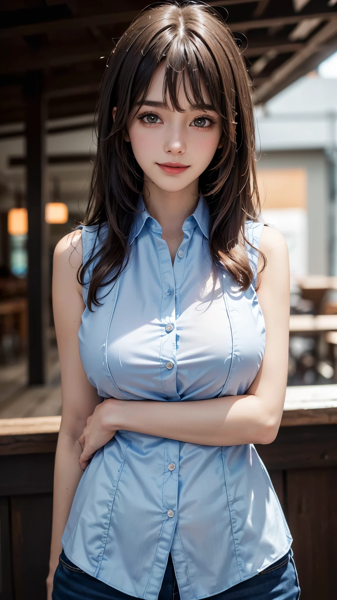 (UHD, retina, masterpiece, accurate, anatomically_correct, textured_skin, super_detail, high_details, high_quality, best_quality, high_res, 1080P, HD, 4K, 8k, 16k), (beautiful_detailed_eyes, beautiful_detailed_lips, extremely_detailed_eyes_and_face), soft_lighting, physically-based_rendering, vivid_colors, (large_breasts:1.5), (shiny_hair, shiny_skin, tanned_skin, blush), (bangs:1.5), eye_reflection, (bokeh), smile_and_laugh, (sleeveless_business_shirt:1.5), cowboy shot,