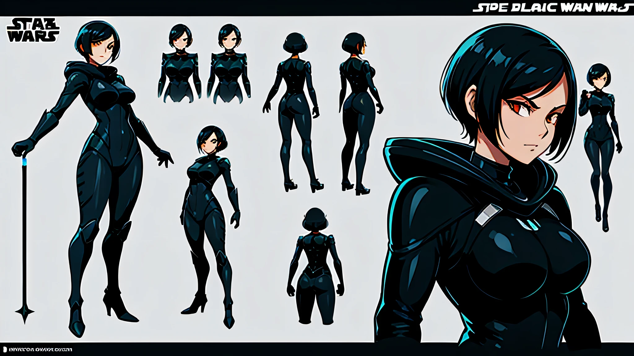 woman, black suit, space suit, character design sheet, different poses, different angles, concept art, star war, Sith, orange eyes, short black hair