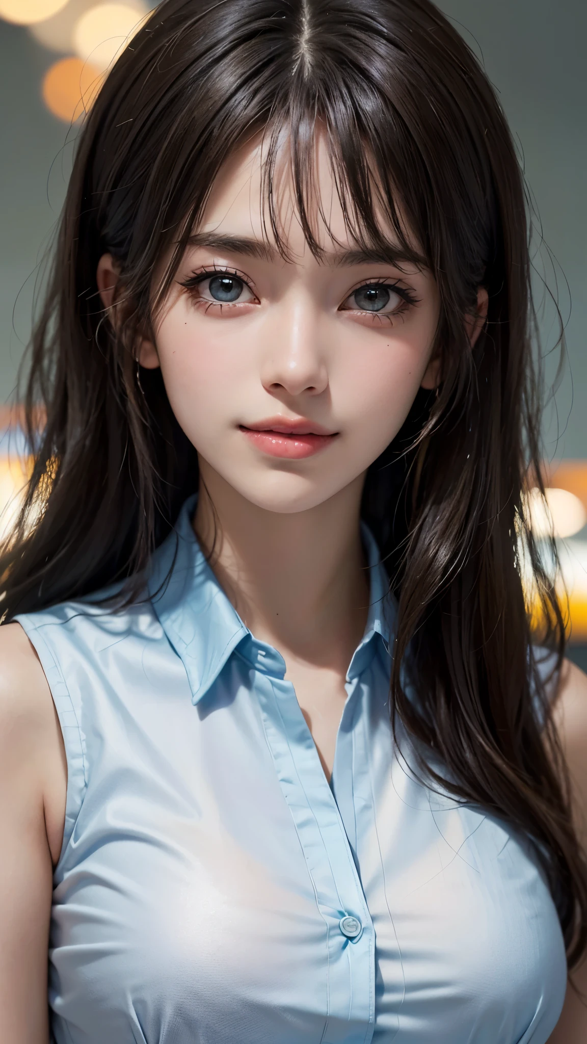 (UHD, retina, masterpiece, accurate, anatomically_correct, textured_skin, super_detail, high_details, high_quality, best_quality, high_res, 1080P, HD, 4K, 8k, 16k), (beautiful_detailed_eyes, beautiful_detailed_lips, extremely_detailed_eyes_and_face), soft_lighting, physically-based_rendering, vivid_colors, (large_breasts:1.5), (shiny_hair, shiny_skin, tanned_skin, blush), (bangs:1.5), eye_reflection, (bokeh), smile_and_laugh, (sleeveless_business_shirt:1.5),