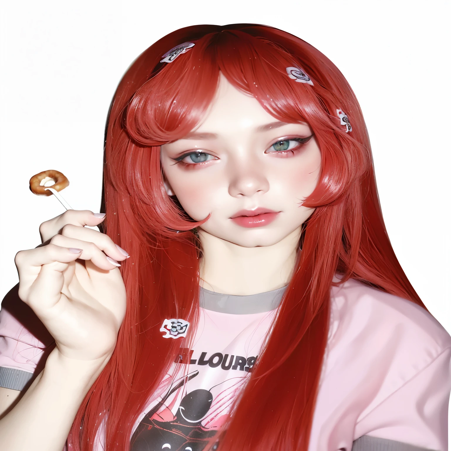 there is a girl with red hair holding a donut, red wig, ulzzang, with long red hair, guweiz, with red hair, kawaii realistic portrait, with curly red hair, artwork in the style of guweiz, ((red)) baggy eyes, y 2 k cutecore clowncore, she has long redorange hair