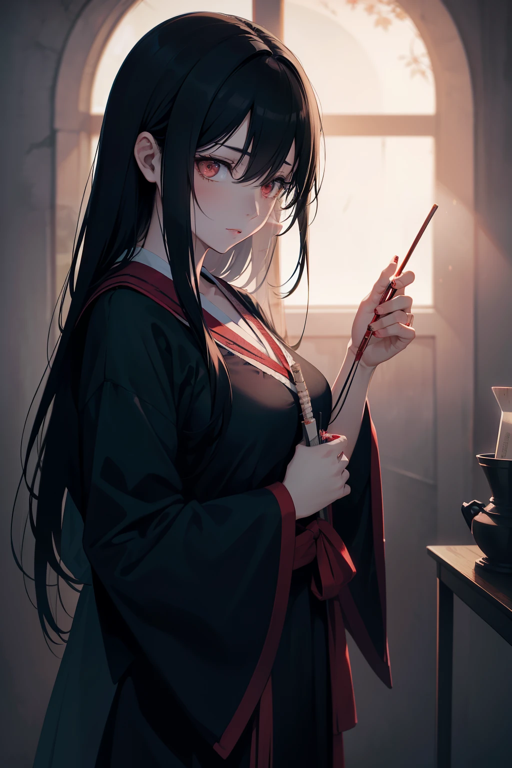 Tsugumi Shibata character from the anime Jigoku Shoujo with detailed eyes and face, long eyelashes, wearing a traditional , holding a straw doll, Standing in the dark holding a bloodstained knife, Big breasts, tall height, mysterious background. The artwork should be done in a medium of digital illustration to achieve the best quality, realistic and detailed representation of the character. The color tone should be dark and moody, with a focus on shadows and contrasting highlights. The lighting should be dramatic, casting eerie shadows on the character and creating a haunting atmosphere. Additionally, the image should have a high resolution (4k or 8k) to capture every intricate detail, and the colors should be vivid and vibrant.