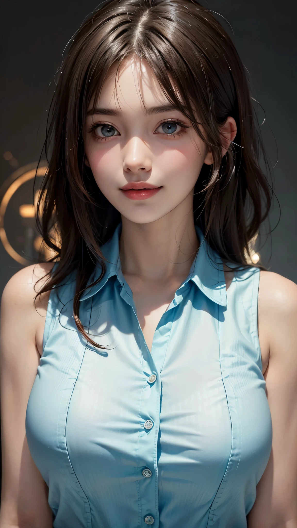 (UHD, retina, masterpiece, accurate, anatomically_correct, textured_skin, super_detail, high_details, high_quality, best_quality, high_res, 1080P, HD, 4K, 8k, 16k), (beautiful_detailed_eyes, beautiful_detailed_lips, extremely_detailed_eyes_and_face), soft_lighting, physically-based_rendering, vivid_colors, (large_breasts:1.5), (shiny_hair, shiny_skin, tanned_skin, blush), (bangs:1.5), eye_reflection, (bokeh), smile_and_laugh, (sleeveless_business_shirt:1.5), cowboy shot,