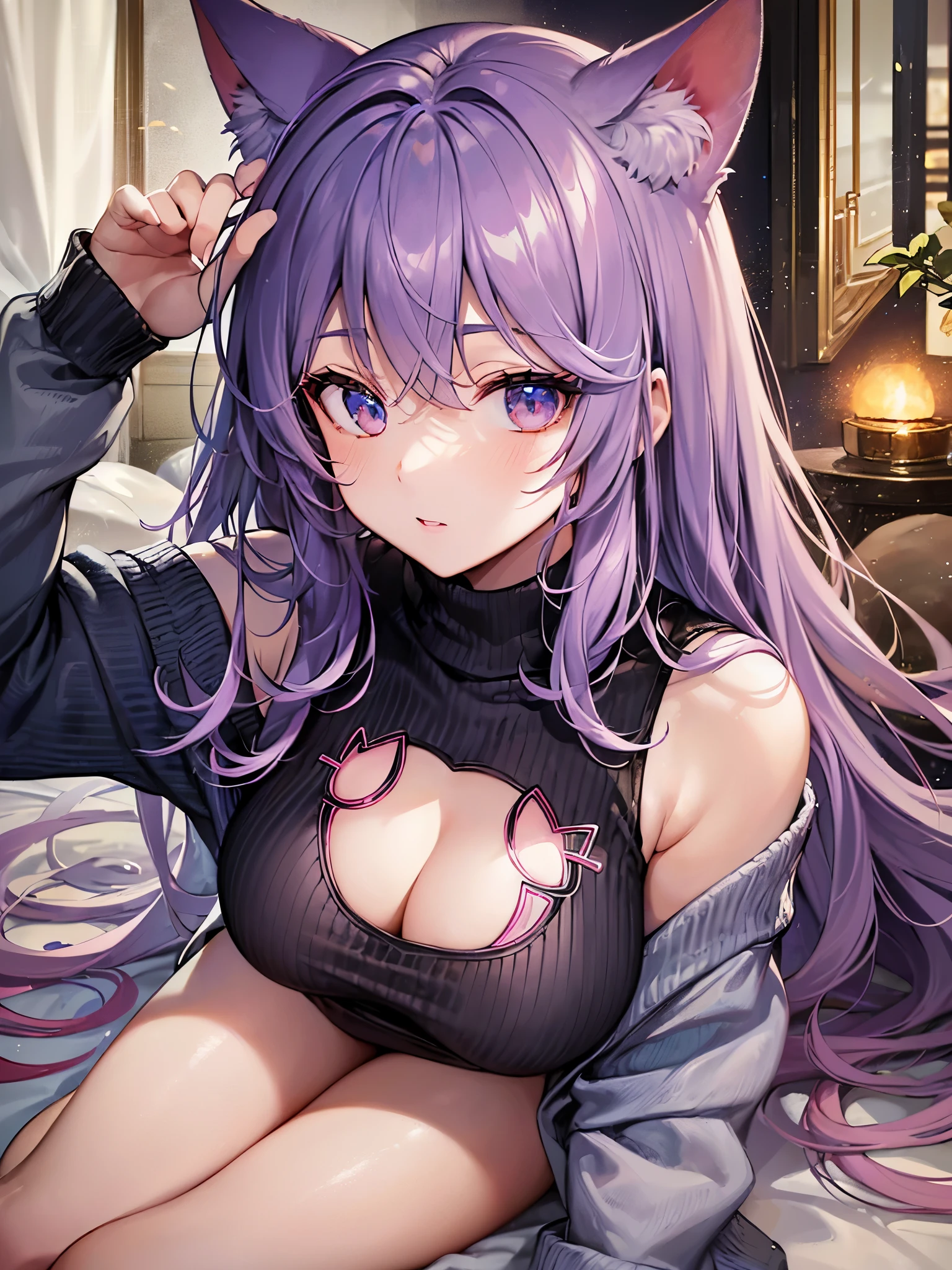((highest quality)),(ultra high resolution),(Super detailed),(detailed description),((best CG)),(best work of art),super precision art,great drawing art,(Art with precise details:1.5), (1 woman:1.5),beautiful and well-shaped face:1.5,(A sweater with a cat-shaped chest cutout:1.5)
