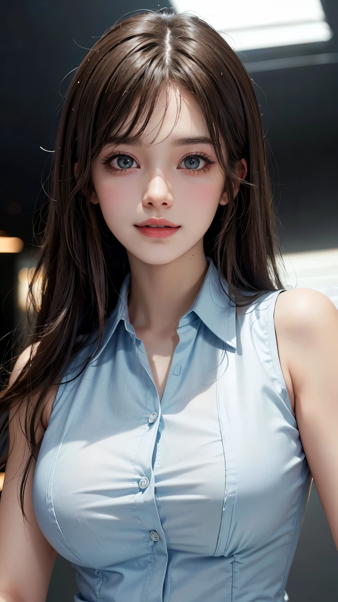 (UHD, retina, masterpiece, accurate, anatomically_correct, textured_skin, super_detail, high_details, high_quality, best_quality, high_res, 1080P, HD, 4K, 8k, 16k), (beautiful_detailed_eyes, beautiful_detailed_lips, extremely_detailed_eyes_and_face), soft_lighting, physically-based_rendering, vivid_colors, (large_breasts:1.5), (shiny_hair, shiny_skin, tanned_skin, blush), (bangs:1.5), eye_reflection, (bokeh), smile_and_laugh, (sleeveless_business_shirt:1.5), from above,