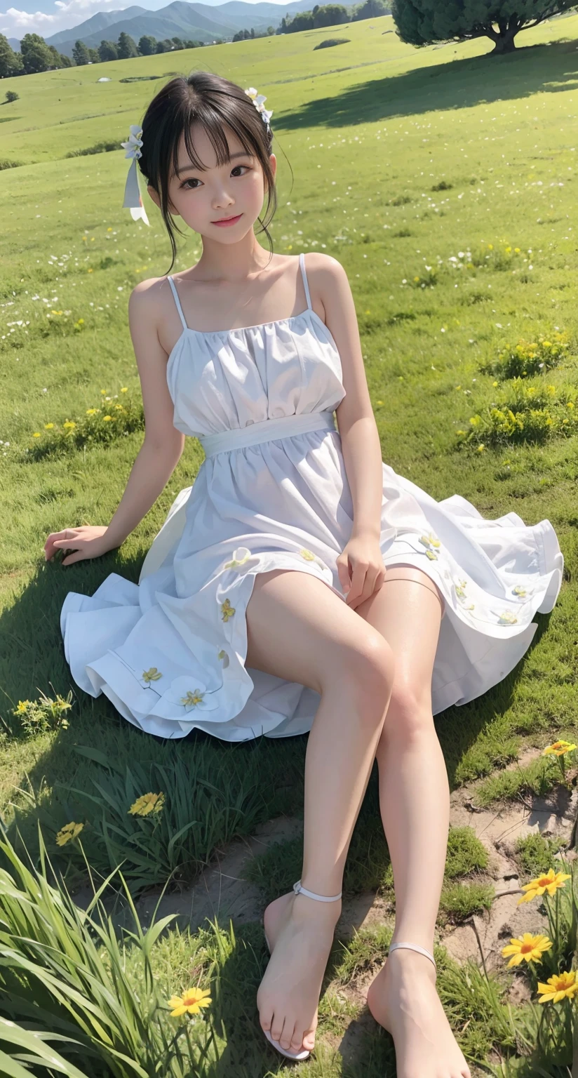 with a girl：her hair is black and short、、laughter、Her face is round and cute。white and blue dress clothes、Floral。white sandal shoes、The ribbon is attached to the ankle。(running in the meadow with a girl:1.3)、scene：There is a beautiful scene floating in the background.、blue sky, White cloud, Green meadows and colorful flowers。The scene is softly painted like a watercolor painting.、It's a dreamy atmosphere。The scene expresses the imagination and sensibility of the girl、Pubic hair shows completely naked pubic hair) ,more_be familiar with:1.5, (More and more_be familiar with:1.9)、