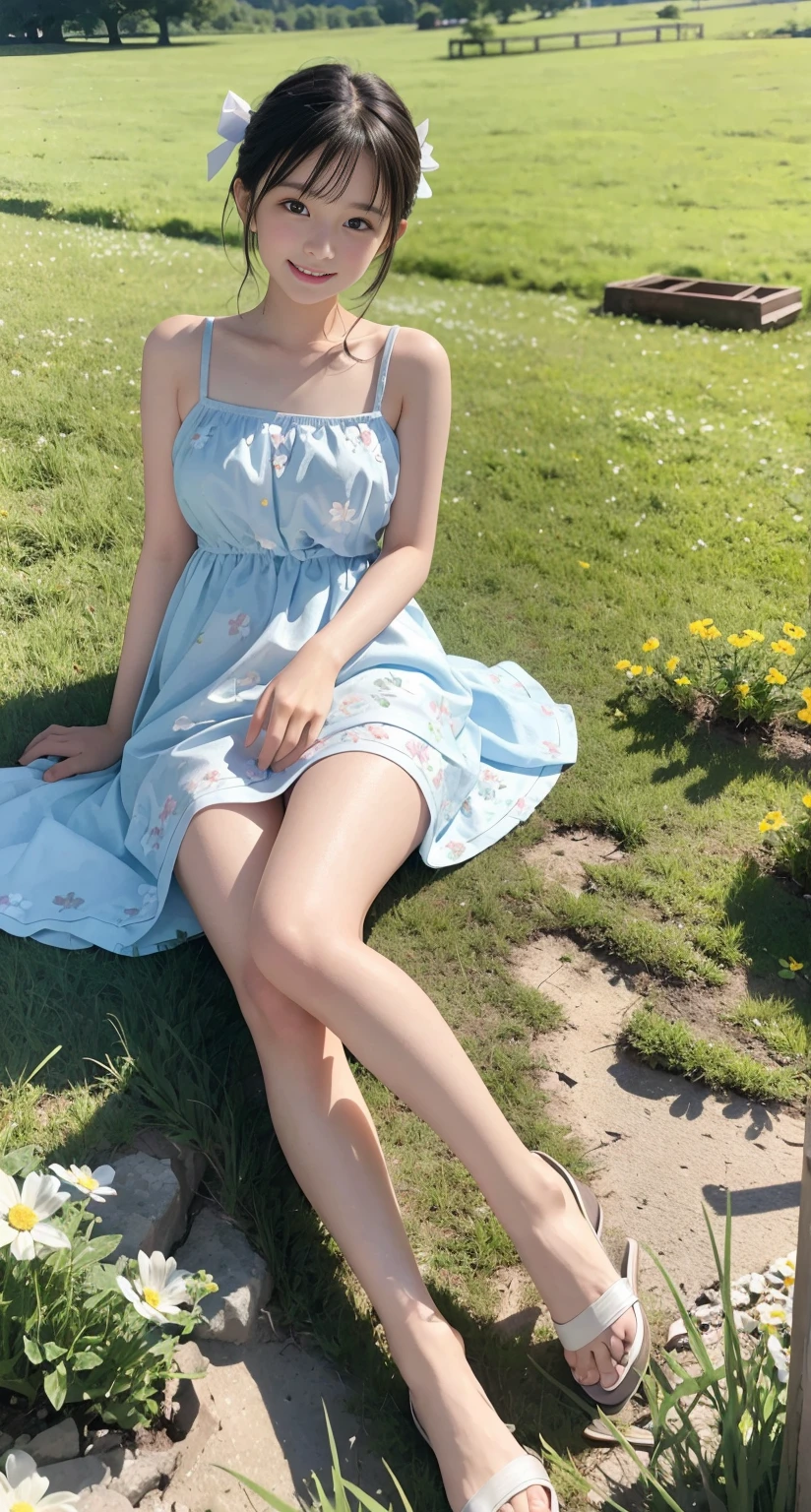 with a girl:her hair is black and short、、laughter、Her face is round and cute。white and blue dress clothes、Floral。white sandal shoes、The ribbon is attached to the ankle。(running in the meadow with a girl:1.3)、scene:There is a beautiful scene floating in the background.、blue sky, White cloud, Green meadows and colorful flowers。The scene is softly painted like a watercolor painting.、It's a dreamy atmosphere。The scene expresses the imagination and sensibility of the girl、Pubic hair shows completely naked pubic hair) ,more_be familiar with:1.5, (More and more_be familiar with:1.9)、