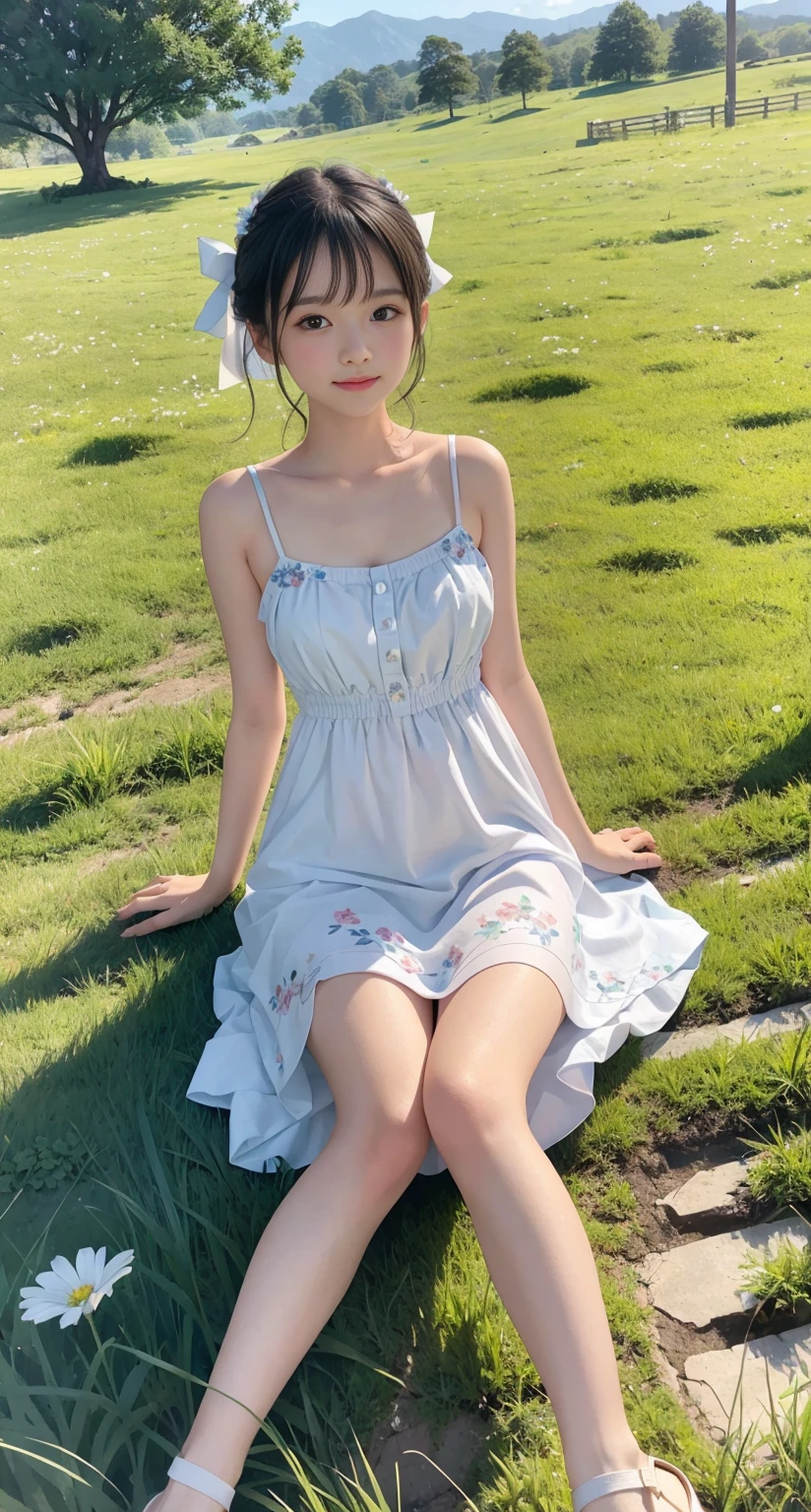 with a girl:her hair is black and short、、laughter、Her face is round and cute。white and blue dress clothes、Floral。white sandal shoes、The ribbon is attached to the ankle。(running in the meadow with a girl:1.3)、scene:There is a beautiful scene floating in the background.、blue sky, White cloud, Green meadows and colorful flowers。The scene is softly painted like a watercolor painting.、It's a dreamy atmosphere。The scene expresses the imagination and sensibility of the girl、Pubic hair shows completely naked pubic hair) ,more_be familiar with:1.5, (More and more_be familiar with:1.9)、
