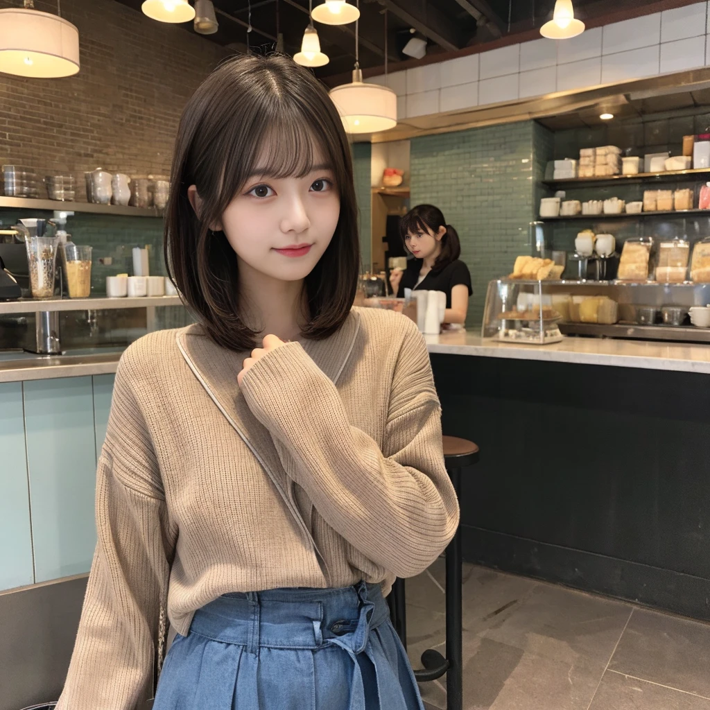 (master piece、8k、Raw photo、Reality)Japan Solo Women、Inside the cafe、sweater、short bob cut、The season is winter、coat、detailed face、detailed body、detailed limbs、accessories、long skirt