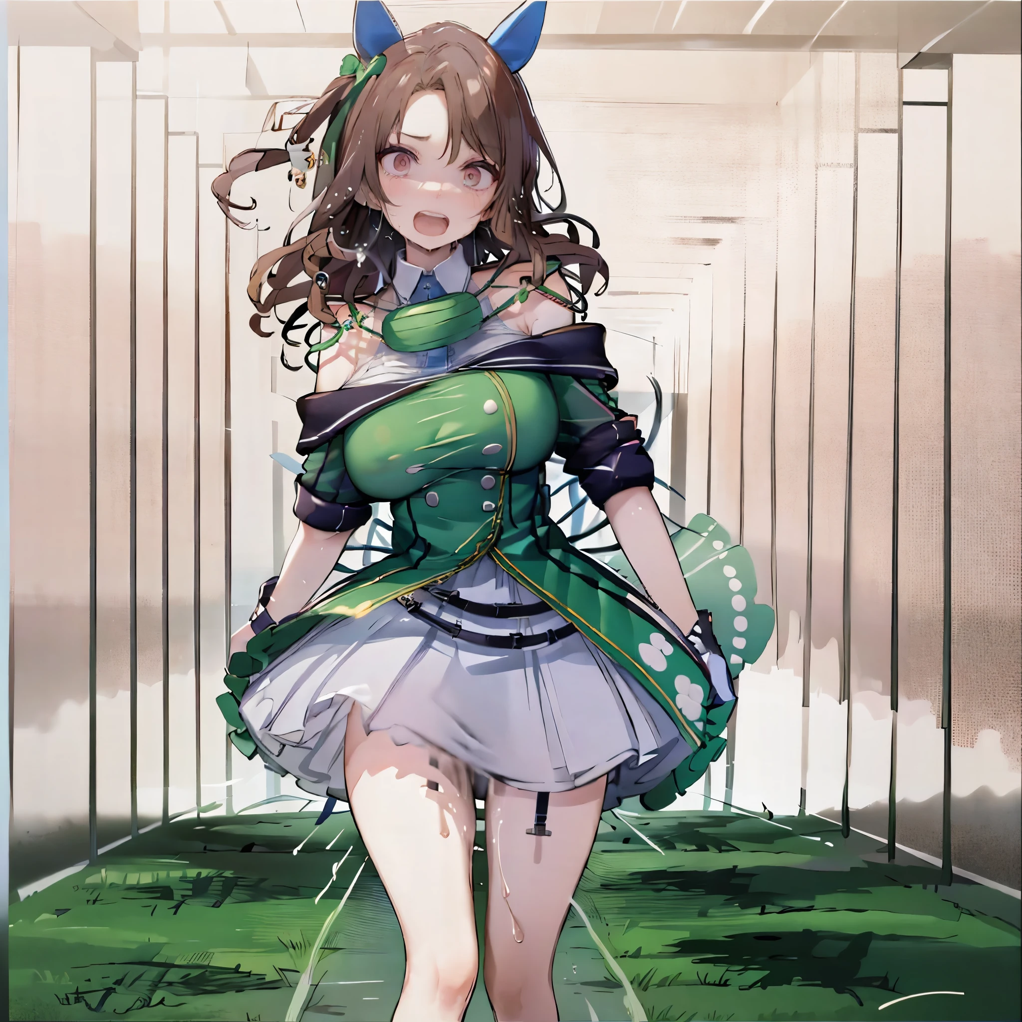 solo 1 girl (running at grass field), landscape, (too short miniskirt:1.25), (huge perky breasts:1.35), (bouncing breasts), short torso, inconceivably thin waist, miniskirt lifted by wind, (thin long legs), nose blush, open mouth widely, (nsfw:1.1), heavy breathing, (ultimate orgasm:1.6), (pussy juice trail), (screaming a scream of ecstasy:1.1)