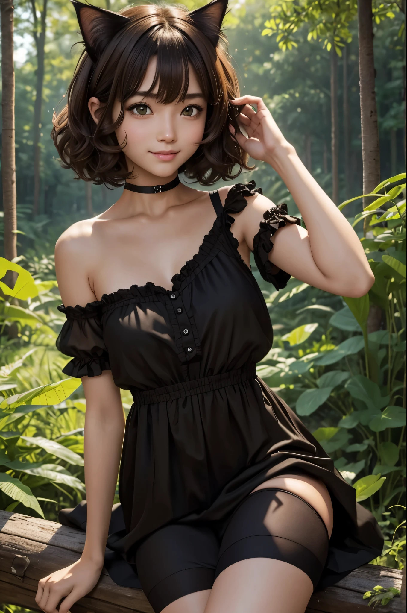8K,黒との衣装を着て写真を撮るsmall breasts cat girl, small breasts cat girl, Attractive bright brown hair and short permed hair, fantasy art, little cat girl, Wojtek Füss, black one piece, Chiquita, trending on cgstation,in the forest,laughter,Light brown permed short hair,shorts with black,attractive,Super high resolution,skin that looks real,has cat eyes,very small breasts,
