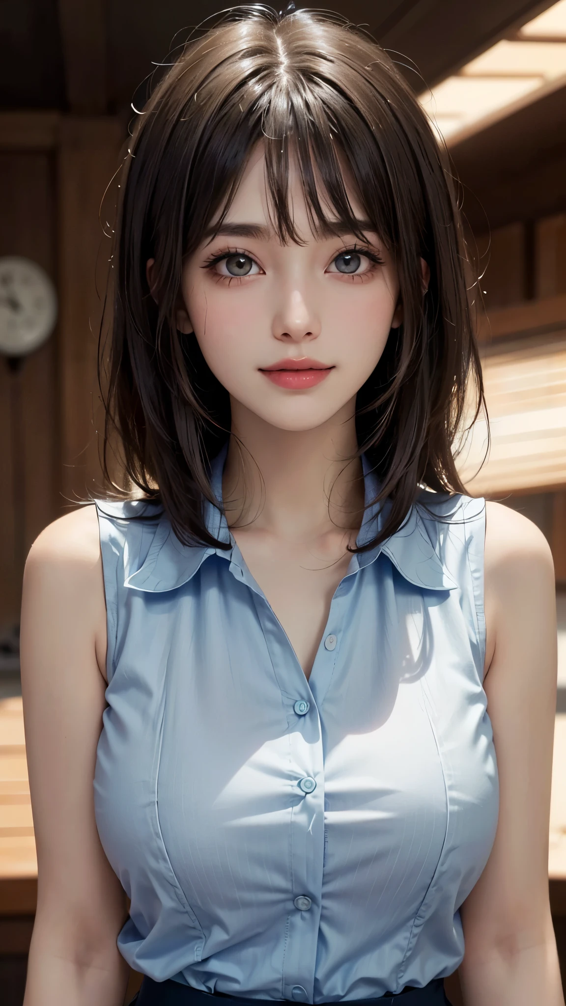 (UHD, retina, masterpiece, accurate, anatomically_correct, textured_skin, super_detail, high_details, high_quality, best_quality, high_res, 1080P, HD, 4K, 8k, 16k), (beautiful_detailed_eyes, beautiful_detailed_lips, extremely_detailed_eyes_and_face), soft_lighting, physically-based_rendering, vivid_colors, (large_breasts:1.5), (shiny_hair, shiny_skin, tanned_skin, blush), (bangs:1.5), eye_reflection, (bokeh), smile_and_laugh, (sleeveless_business_shirt:1.5), from below,