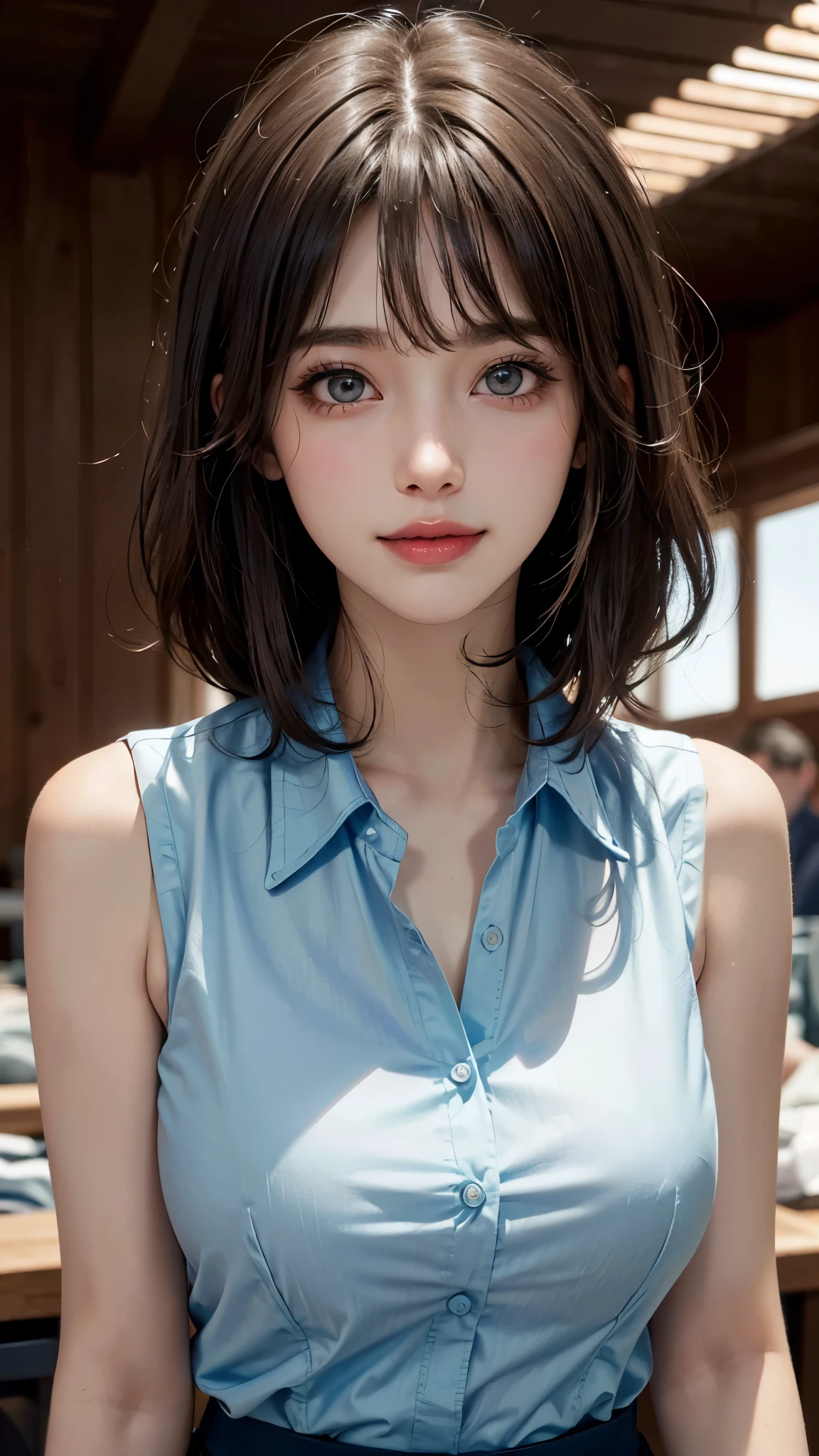 (UHD, retina, masterpiece, accurate, anatomically_correct, textured_skin, super_detail, high_details, high_quality, best_quality, high_res, 1080P, HD, 4K, 8k, 16k), (beautiful_detailed_eyes, beautiful_detailed_lips, extremely_detailed_eyes_and_face), soft_lighting, physically-based_rendering, vivid_colors, (large_breasts:1.5), (shiny_hair, shiny_skin, tanned_skin, blush), (bangs:1.5), eye_reflection, (bokeh), smile_and_laugh, (sleeveless_business_shirt:1.5), from below,
