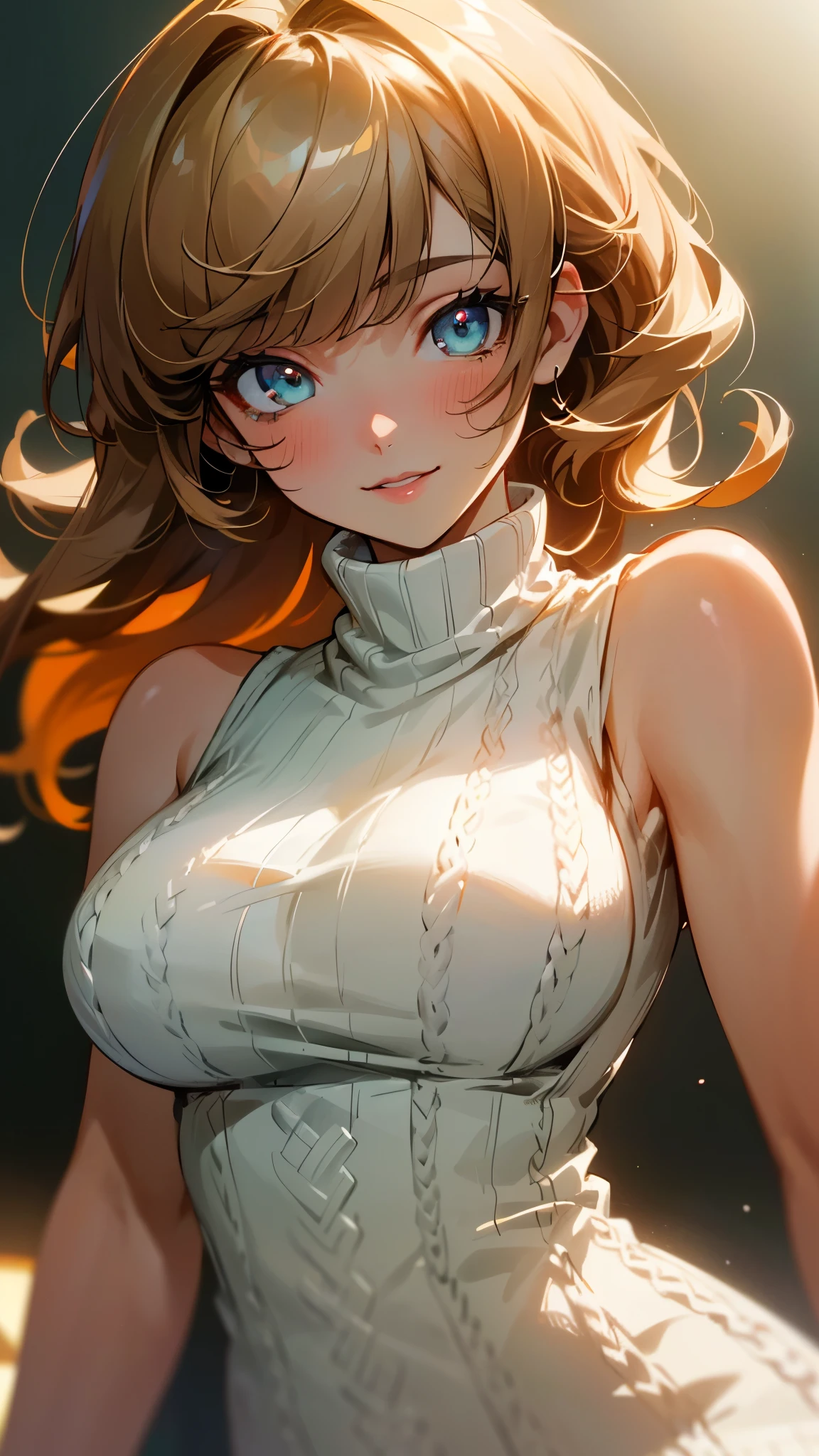 (UHD, retina, masterpiece, accurate, anatomically_correct, textured_skin, super_detail, high_details, high_quality, best_quality, high_res, 1080P, HD, 4K, 8k, 16k), (beautiful_detailed_eyes, beautiful_detailed_lips, extremely_detailed_eyes_and_face), soft_lighting, physically-based_rendering, vivid_colors, (large_breasts:1.5), (shiny_hair, shiny_skin, tanned_skin, blush), (bangs:1.5), eye_reflection, (bokeh), smile_and_laugh, (sleeveless_knit:1.5),