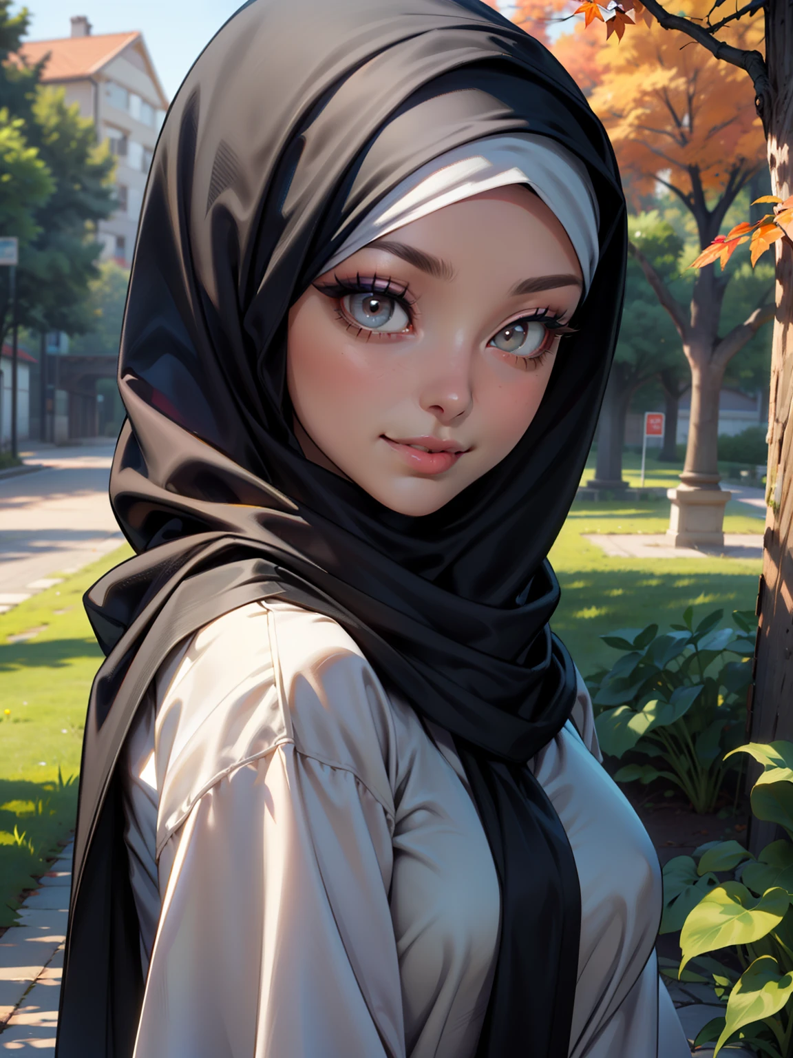3dmm style, Masterpiece, realistic, best quality, best lighting, beautiful mature Czech woman, 1 girl photo solo, beautifully makeup, eyeshadow, Parted Lips, Detailed Eyes, Big eyes, brown eyes, long eye lashes, dimples on the cheeks, smile, wearing ((Dark blue satin hijab)), loosely tide hijab style, ((gray satin shirt and satin long skirt)), (Half-body portrait), Front view, Symmetric Centre, facing the viewer, walking on trails autumn garden.