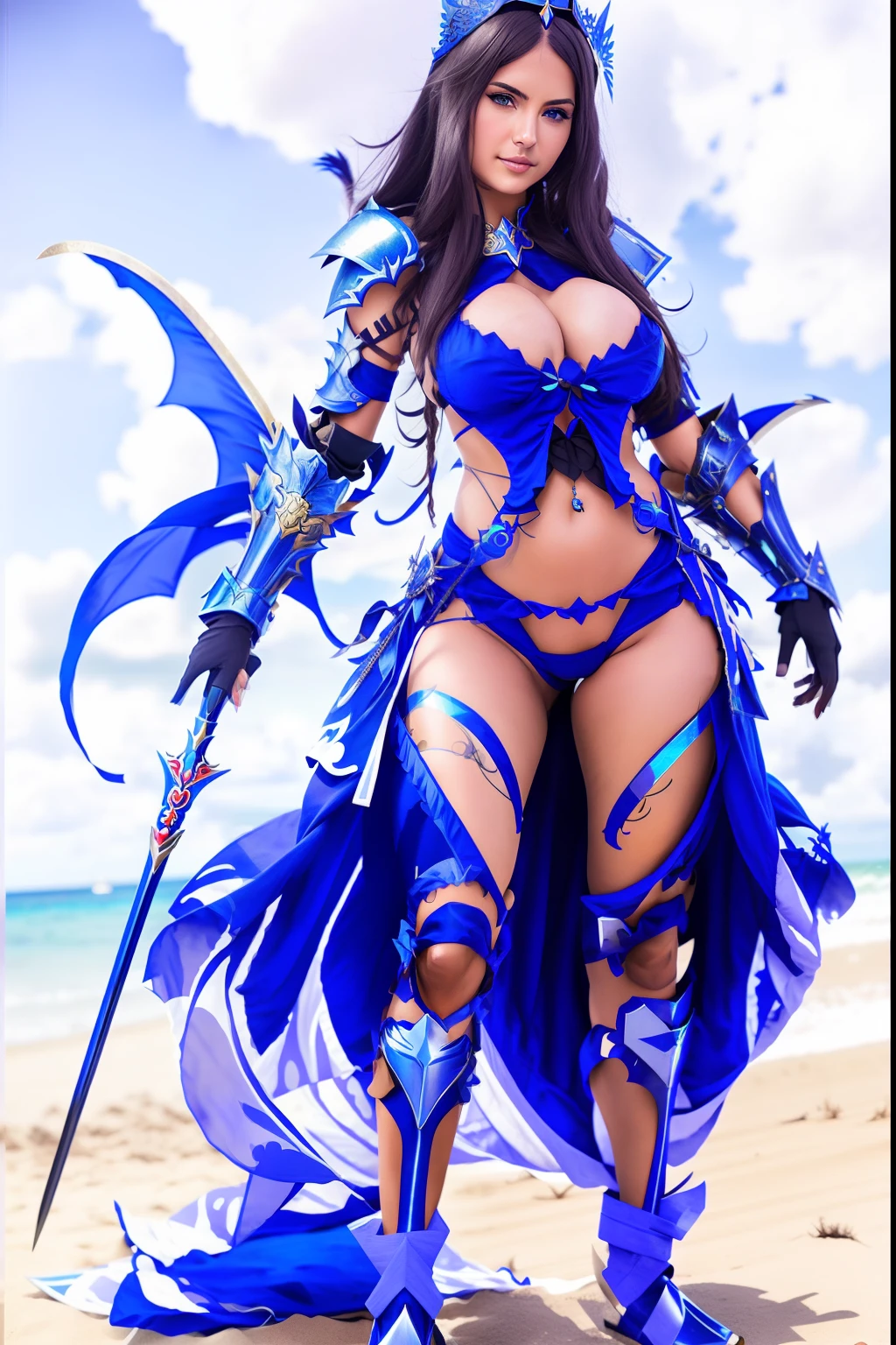 arafed woman in a blue dress and armor posing on a beach, bikini armor female knight, ornate cosplay, ornate bikini armor, bikini armor, bikini-armor, stunning armor, bikini armour, beautiful armor, armor girl, from lineage 2, glamourous cosplay, cosplay, gorgeous female paladin, anime cosplay, anime girl cosplay, wearing fantasy armor