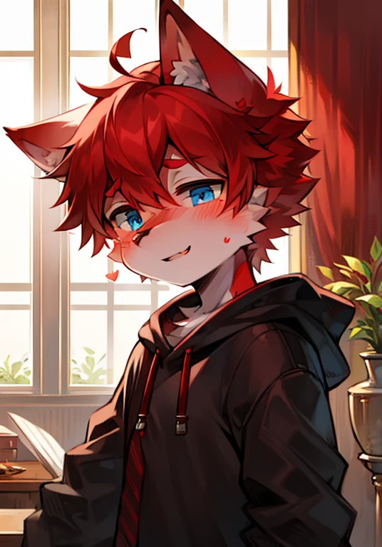 a boy, Wolf, White and red fur, juvenile, blue eyes, messy hair, white and red hair, short hair,red ears,Red tail,black nose,masterpiece, Very detailed,blush,sexy,Cheerful,lol