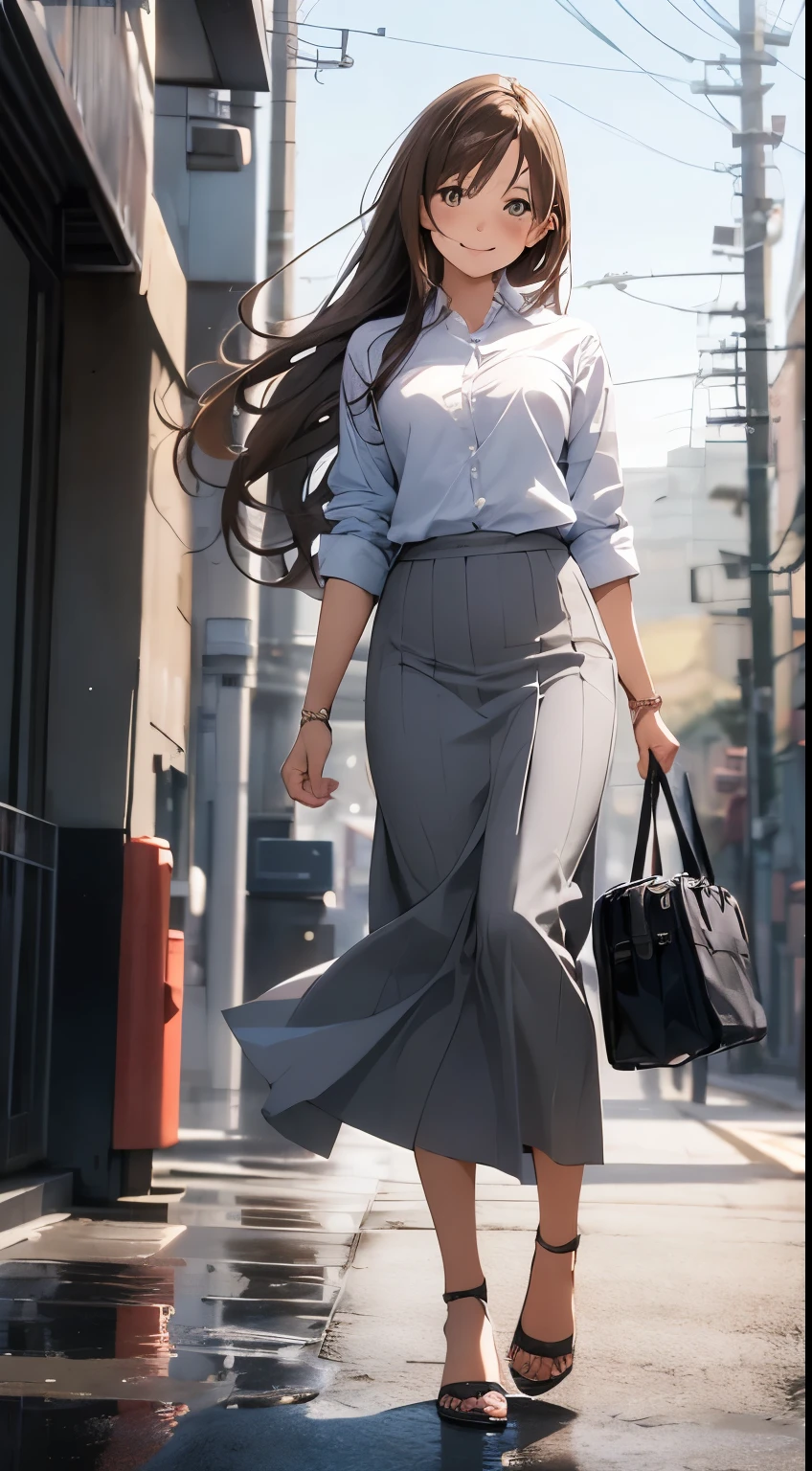 anime style, film portrait photography, 1 female, laughter, smile, Beautiful woman, full body esbian, straight hair, brown hair, medium long hair, woman wearing a gray shirt, woman wearing a business suit, long skirt, business woman, (Natural skin texture Vibrant details, surreal)