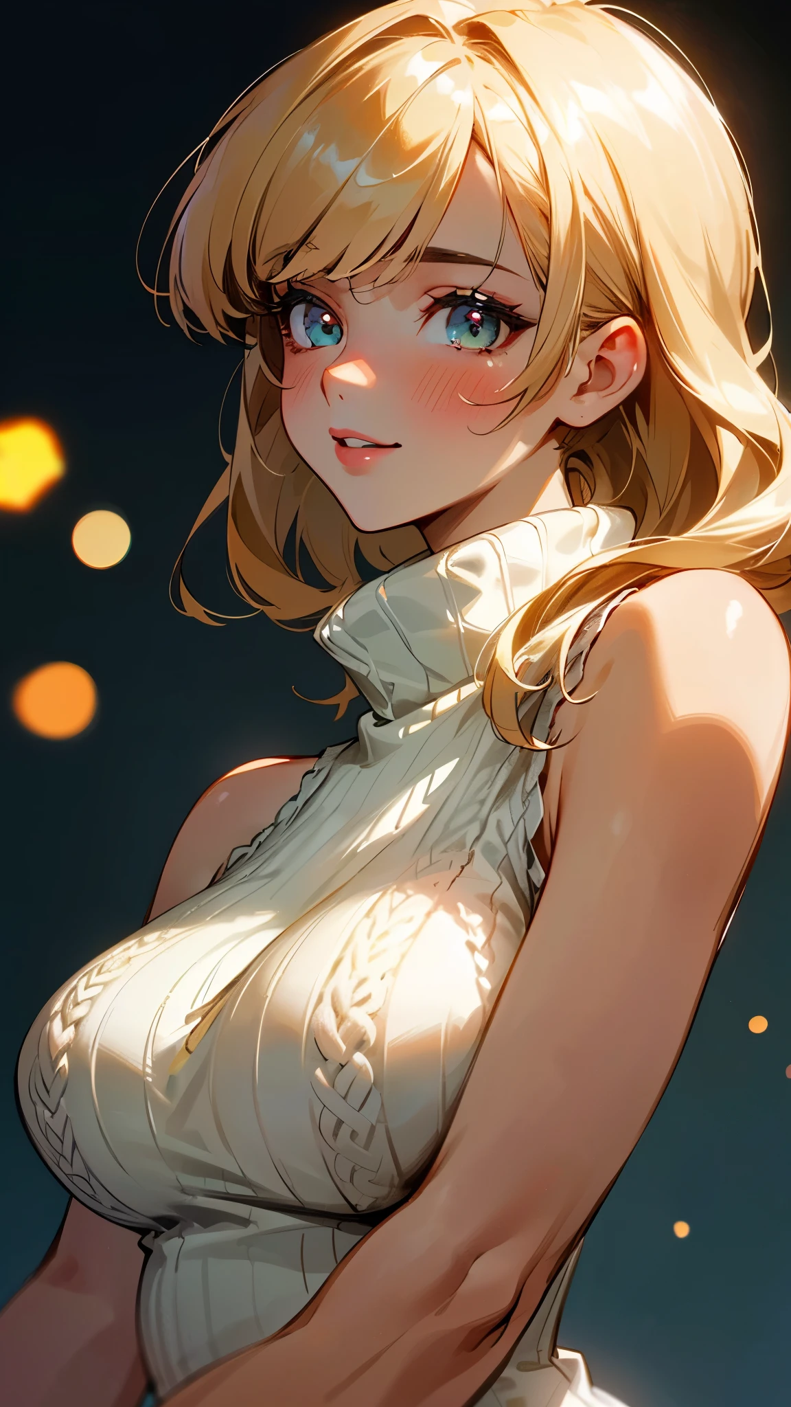 (UHD, retina, masterpiece, accurate, anatomically_correct, textured_skin, super_detail, high_details, high_quality, best_quality, high_res, 1080P, HD, 4K, 8k, 16k), (beautiful_detailed_eyes, beautiful_detailed_lips, extremely_detailed_eyes_and_face), soft_lighting, physically-based_rendering, vivid_colors, (large_breasts:1.5), (shiny_hair, shiny_skin, tanned_skin, blush), (bangs:1.5), eye_reflection, (bokeh), smile_and_laugh, (sleeveless_turtleneck_knit:1.5), from side,