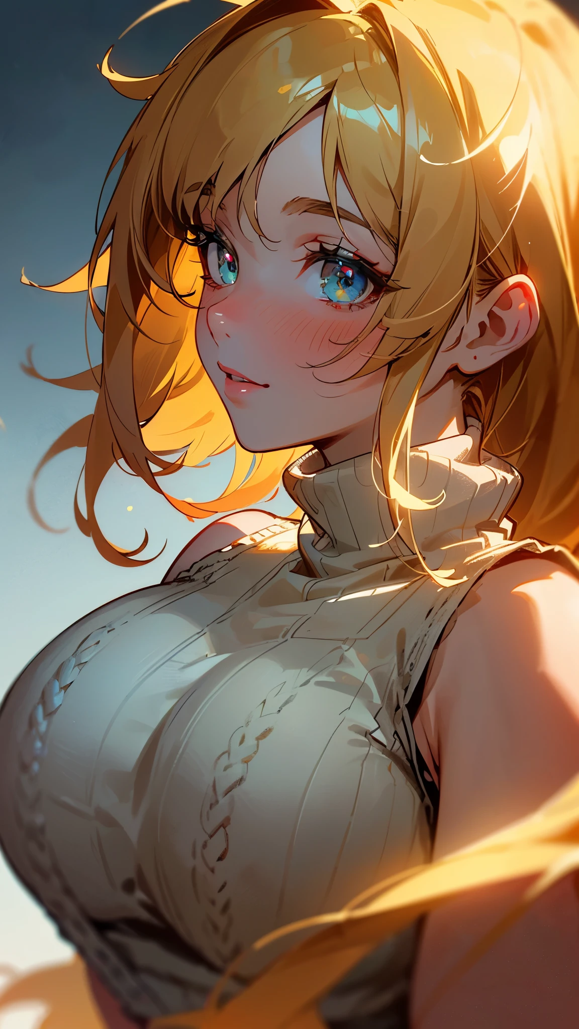 (UHD, retina, masterpiece, accurate, anatomically_correct, textured_skin, super_detail, high_details, high_quality, best_quality, high_res, 1080P, HD, 4K, 8k, 16k), (beautiful_detailed_eyes, beautiful_detailed_lips, extremely_detailed_eyes_and_face), soft_lighting, physically-based_rendering, vivid_colors, (large_breasts:1.5), (shiny_hair, shiny_skin, tanned_skin, blush), (bangs:1.5), eye_reflection, (bokeh), smile_and_laugh, (sleeveless_turtleneck_knit:1.5), from side,