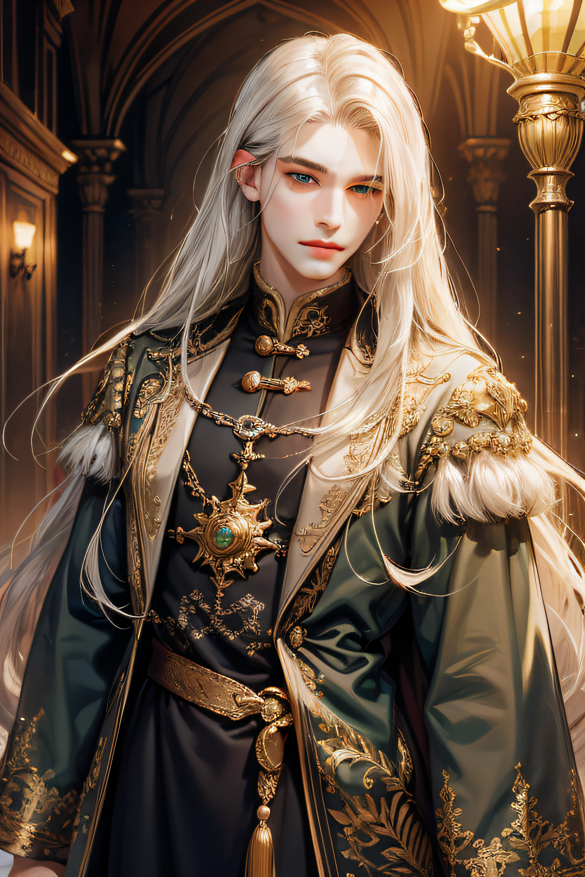 (masterpiece级别, official art, Beautiful and beautiful work),(best quality:1.2), (Beautiful and delicate eyes :1.2), There is light on the face,Cinema-level lighting effects, masterpiece,best quality,1 boy,Handsome,long white hair,Delicate eyes and delicate face,(Black antique clothing),silver hair,green eyes,Smile depth of field effect, Full-body appearance,".