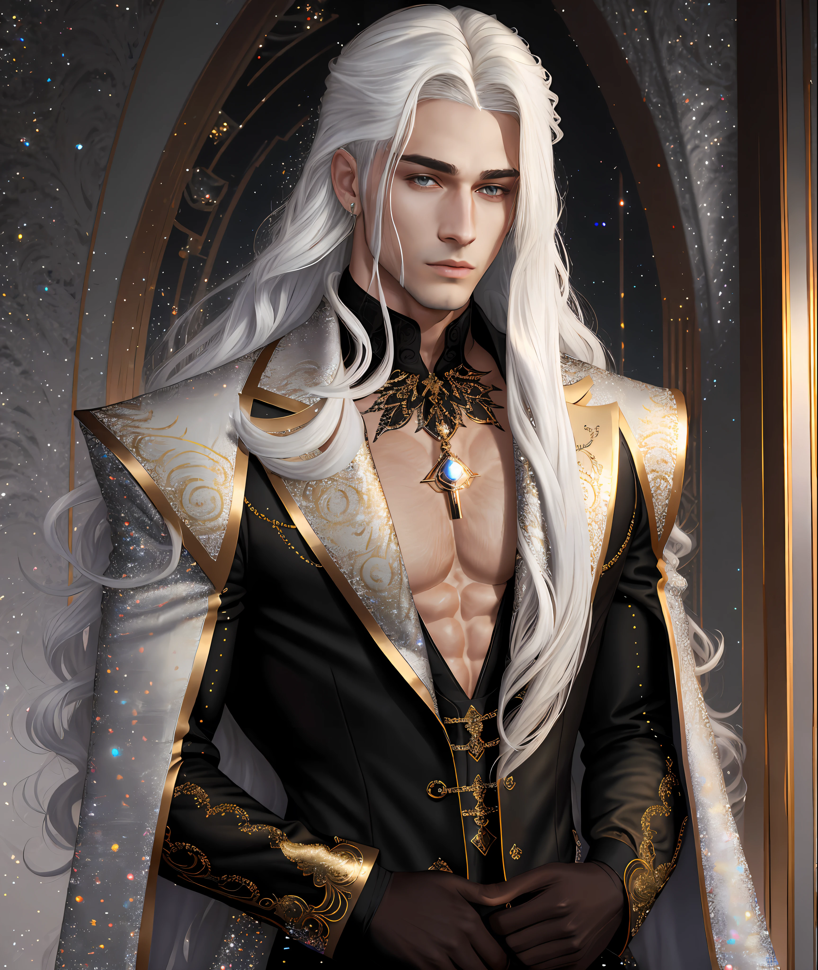 Gorgeous dapper man,The perfect balance of masculine and feminine characteristics, stunning long white hair, White and gold four colors, perfect anatomy, seductive eyes, , 8K resolution, (individual), masterpiece, perfect face:1.2), intricate details, Gothic detailed background, 32k, cover navel, plump lips, curvy guy, Cinema lighting, Balenciaga, flash