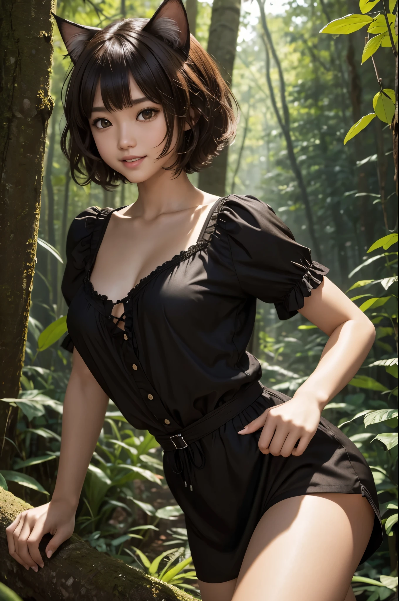 8K,黒とのワンピース着て写真を撮るsmall breasts cat girl, small breasts cat girl, Attractive bright brown hair and short permed hair, fantasy art, little cat girl, Wojtek Füss, black one piece, Chiquita, trending on cgstation,in the forest,laughter,Light brown permed short hair,shorts with black,attractive,Super high resolution,skin that looks real,has cat eyes,very small breasts,