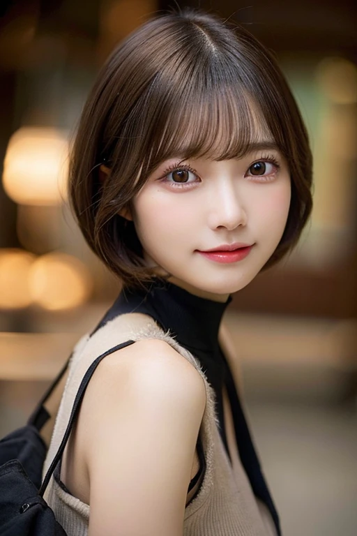 Echiechi, Constricted body, Rumor, adult woman, 30 generations, beautiful detailed eyes, short bob hair, best quality, masterpiece, Layer Bob Hair, Moist eyes, Pixie Cut, Awesome pose, long eyes, brown eyes, brown eyes, smile, smiling, real, glossy lips, Chubby lips, Japanese, natural makeup, Kaede Fua, small , slender face, professional lighting, cowboy shot, 8 heads and bodies, selfie, Menes, baby doll,