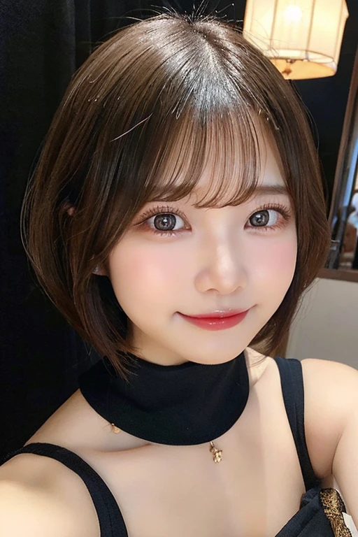 Echiechi, Constricted body, Rumor, adult woman, 30 generations, beautiful detailed eyes, short bob hair, best quality, masterpiece, Layer Bob Hair, Moist eyes, Pixie Cut, Awesome pose, long eyes, brown eyes, brown eyes, smile, smiling, real, glossy lips, Chubby lips, Japanese, natural makeup, Kaede Fua, small ass, slender face, professional lighting, cowboy shot, 8 heads and bodies, selfie, Menes, doll,