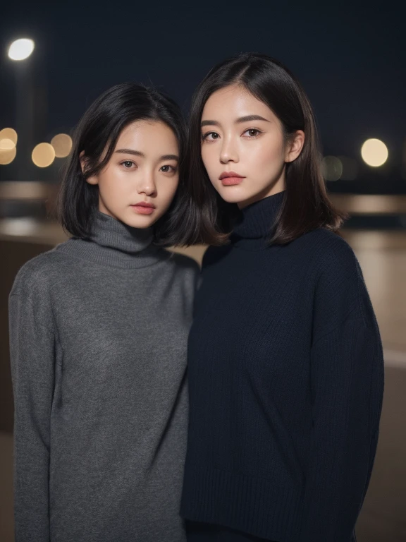 ((midnight, best quality, 8k, masterpiece: 1.3)), Full body female love, long legs, sharp focus: 1.2, beautiful woman with perfect body: 1.4, slim abs: 1.1, ((black hair, big deal: 1.2)), (Grey t-shirt, permanent: 1.2), ((Malaysian cityscape at night, a twin towers)), Highly detailed facial and skin textures, delicate eyes, double eyelids，Shoulder length medium hair hairstyle、Smaller top.。The hair color is gray。The top is a navy turtleneck sweater、She wore a dark gray wool coat.。Dark gray wool track pants。Wearing brown leather boots。Wearing a black knitted hat。」