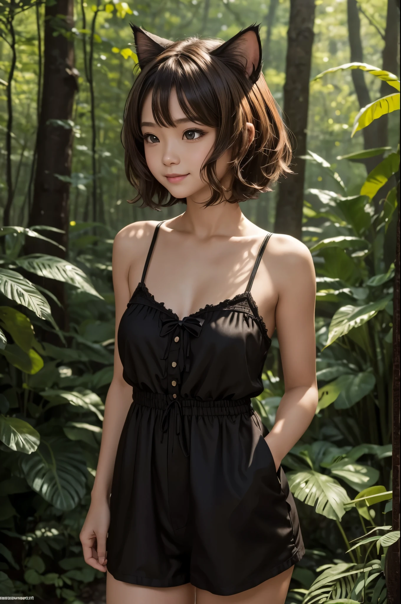 8K,と黒One Piece着て写真を撮るsmall breasts cat girl, small breasts cat girl, Attractive bright brown hair and short permed hair, fantasy art, little cat girl, Wojtek Füss, One Piece, Chiquita, trending on cgstation,in the forest,laughter,Light brown permed short hair,shorts with black,attractive,Super high resolution,skin that looks real,has cat eyes,very small breasts,