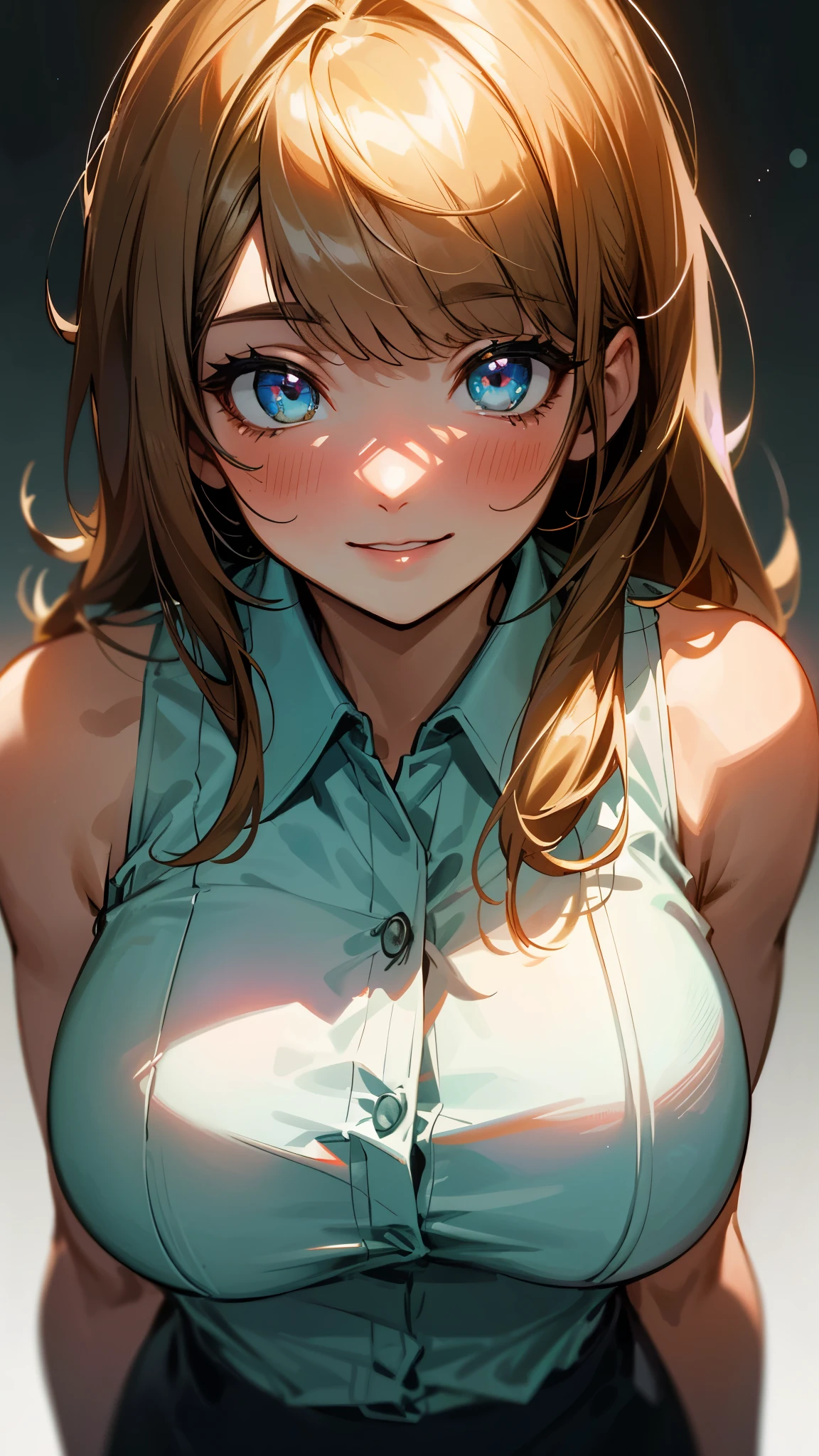 (UHD, retina, masterpiece, accurate, anatomically_correct, textured_skin, super_detail, high_details, high_quality, best_quality, high_res, 1080P, HD, 4K, 8k, 16k), (beautiful_detailed_eyes, beautiful_detailed_lips, extremely_detailed_eyes_and_face), soft_lighting, physically-based_rendering, vivid_colors, (large_breasts:1.5), (shiny_hair, shiny_skin, tanned_skin, blush), (bangs:1.5), eye_reflection, (bokeh), smile_and_laugh, (sleeveless_business_shirt:1.5), from behind, (big breasts:1.6)