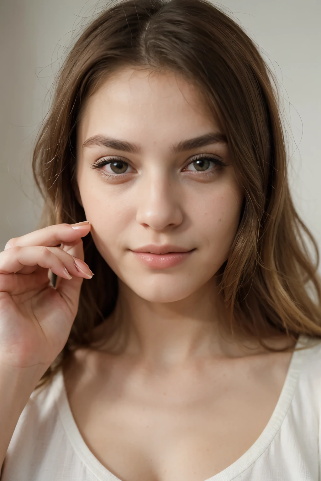((Best quality)), ((masterpiece)), (detailed), perfect face blonde hair girl in casual clothes posing new manicure to the camera, Face close to the camera