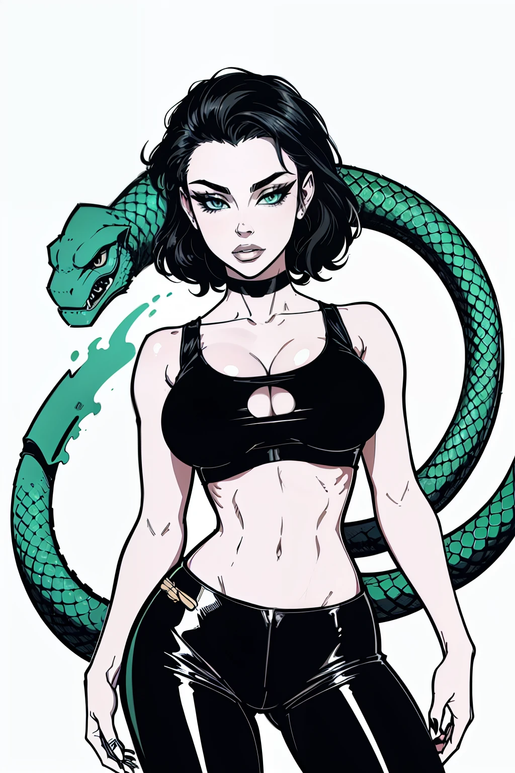 B/W, white lines, vector art minimalist illustration, crisp, smooth, monochrome design, black magic splash, in the style of vector art,solo, emmanorts as apocalypse mercenary female, (black hair:1.2), tight medium hairstyle, medium hair, visible forehead, black ((black tube bra:1.1)), (black crop top), ((visible underboob)), green snake pants, large breasts,, aesthetic should be classy and elegant, black background
