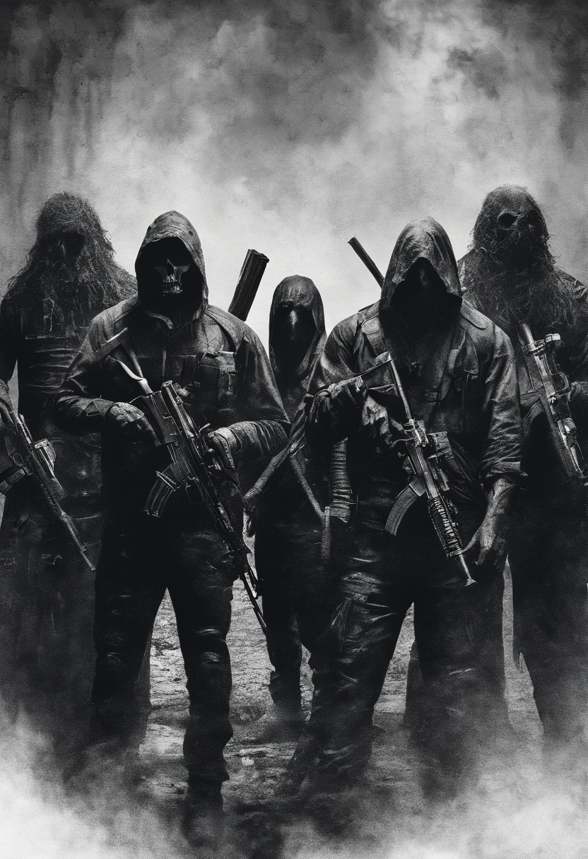 A realistic dark image of a group of men united ready to fight the global elite, surrounded by fire