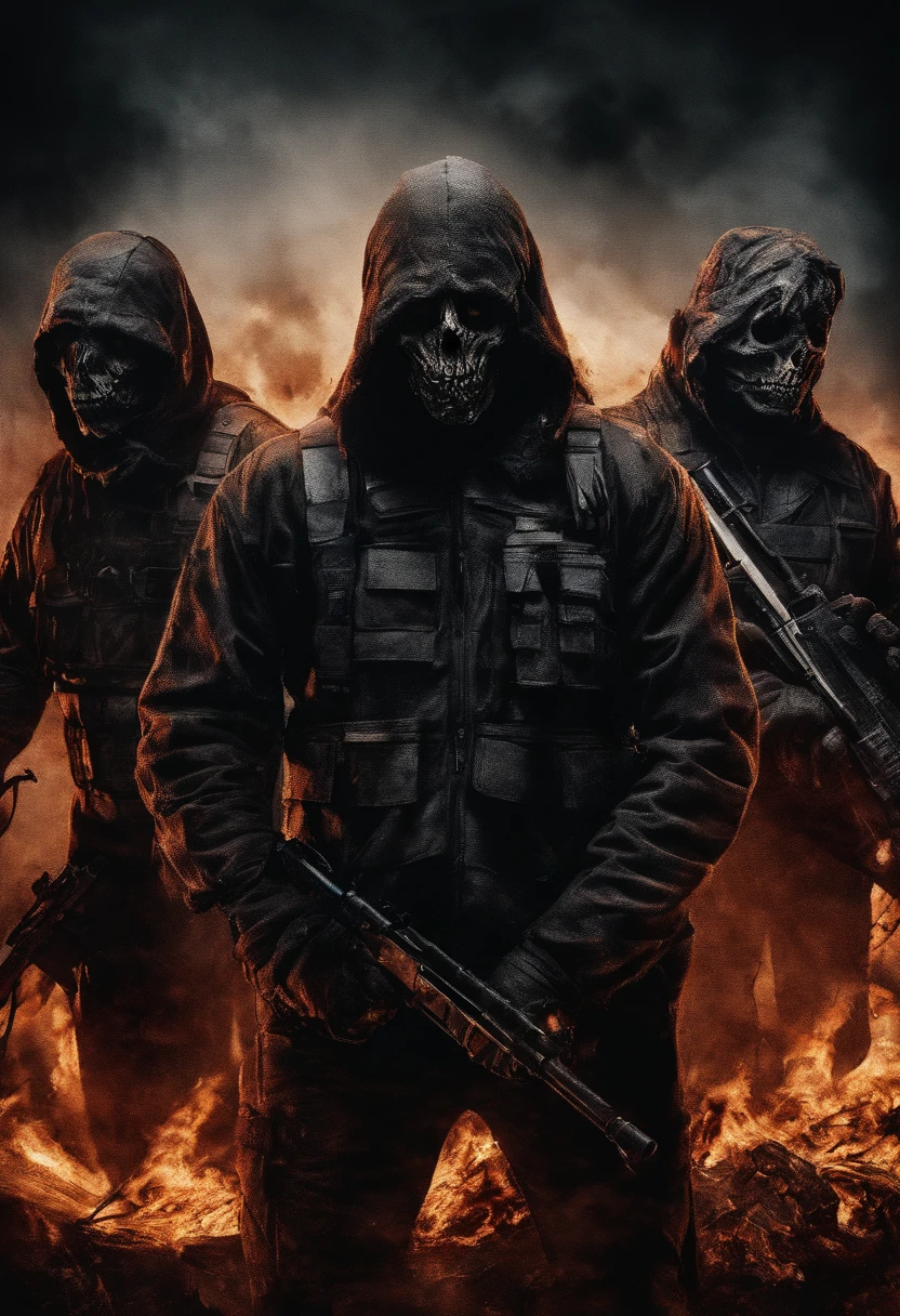 A realistic dark image of a group of men united ready to fight the global elite,  surrounded by fire