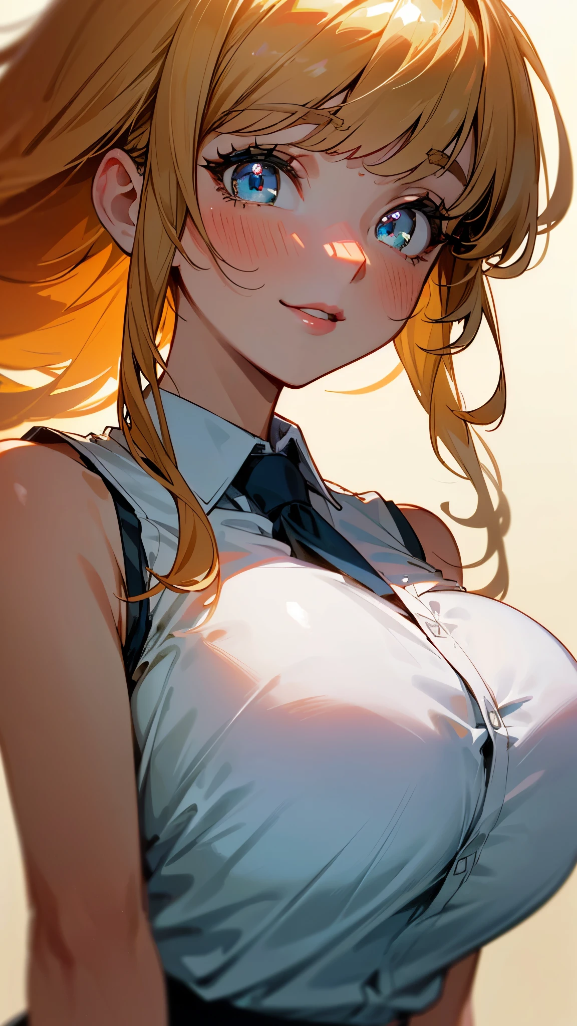 (UHD, retina, masterpiece, accurate, anatomically_correct, textured_skin, super_detail, high_details, high_quality, best_quality, high_res, 1080P, HD, 4K, 8k, 16k), (beautiful_detailed_eyes, beautiful_detailed_lips, extremely_detailed_eyes_and_face), soft_lighting, physically-based_rendering, vivid_colors, (large_breasts:1.5), (shiny_hair, shiny_skin, tanned_skin, blush), (bangs:1.5), eye_reflection, (bokeh), smile_and_laugh, (sleeveless_business_shirt:1.5), from below,