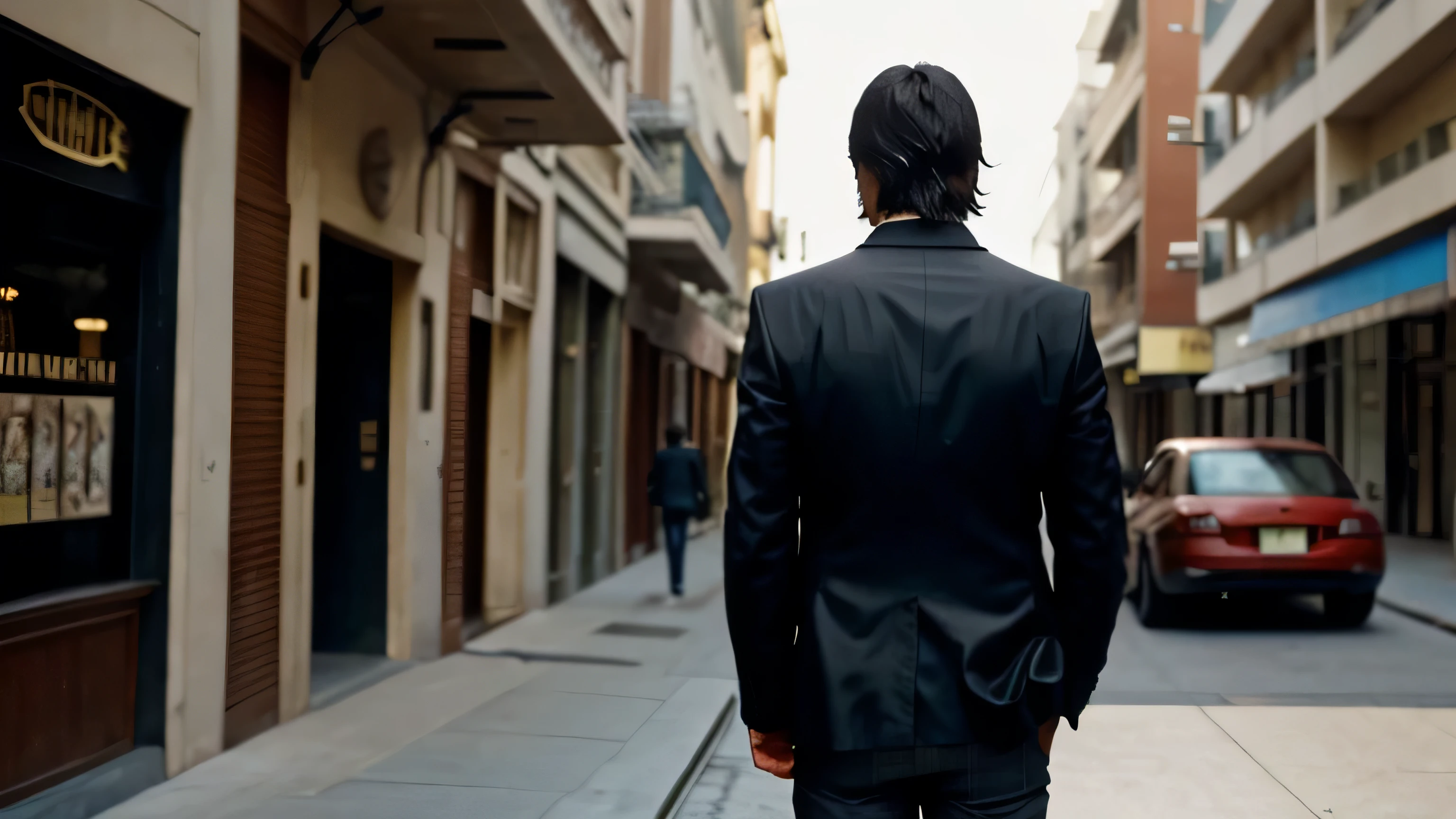 keanu reeves photographed from behind, He is completely turning his back to the camera.. realistic photography