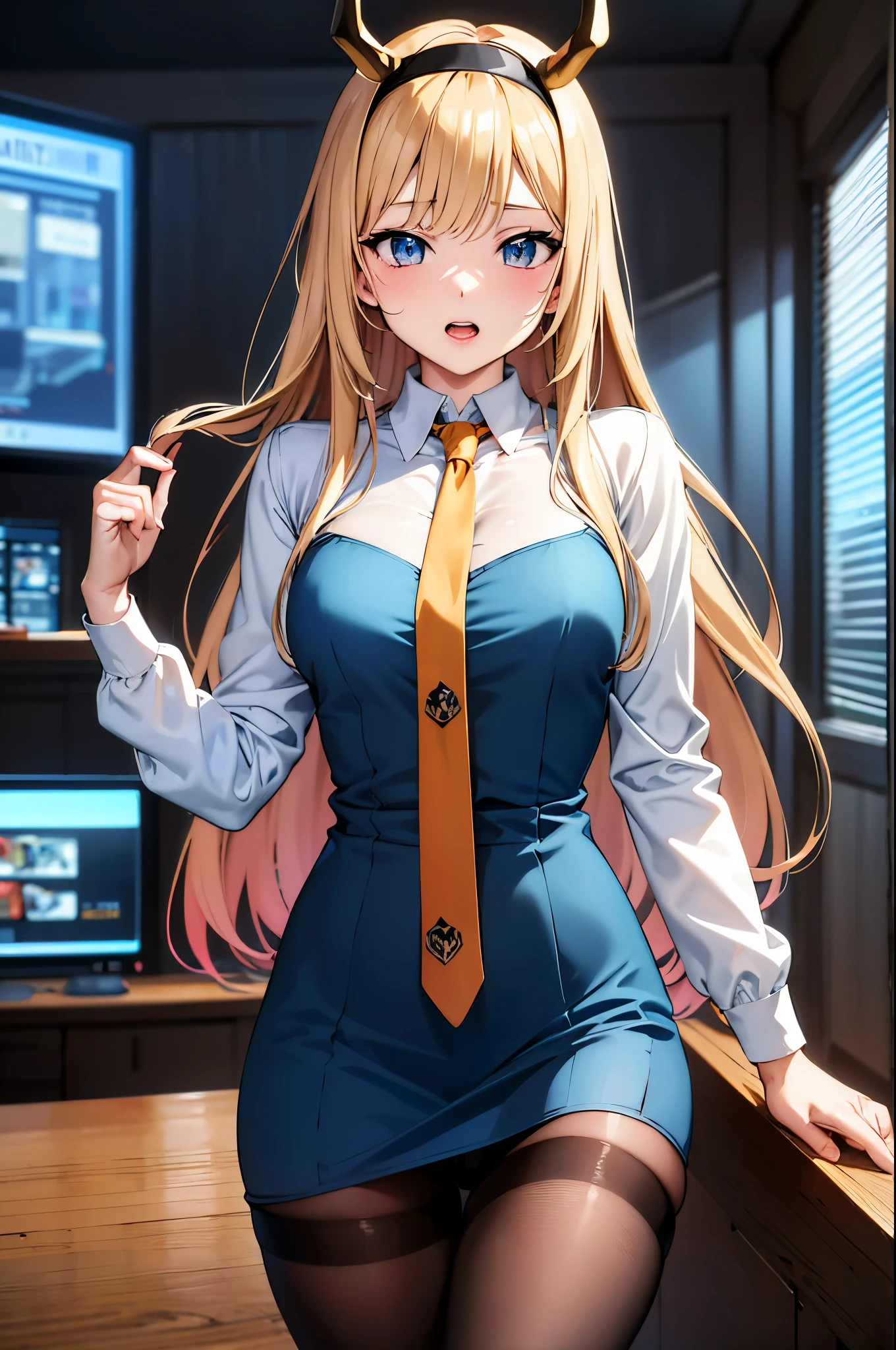 masterpiece, best quality, highres, sexy anime girl, long hair, horns, hairband, nerd gaming uniform, orange necktie, blue dress, long sleeves, black pantyhose, underwear, cowboy shot, standing, gaming room background, 