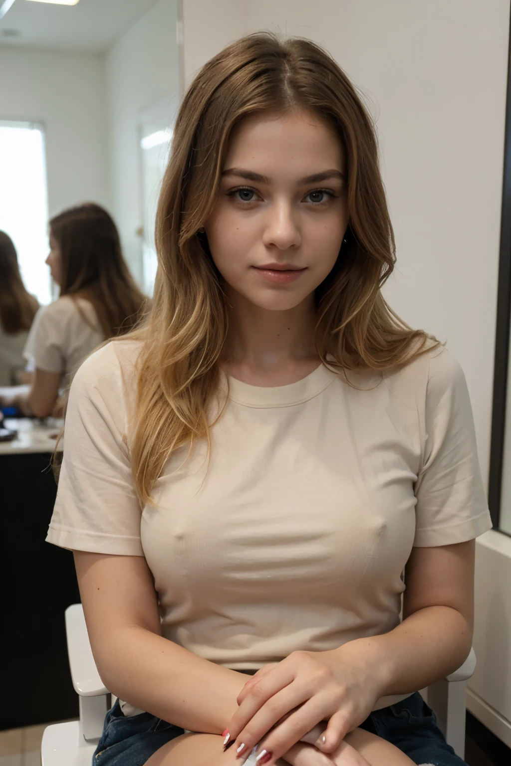 ((Best quality)), ((masterpiece)), (detailed), perfect face blonde hair girl in casual clothes sitting at a manicure appointment