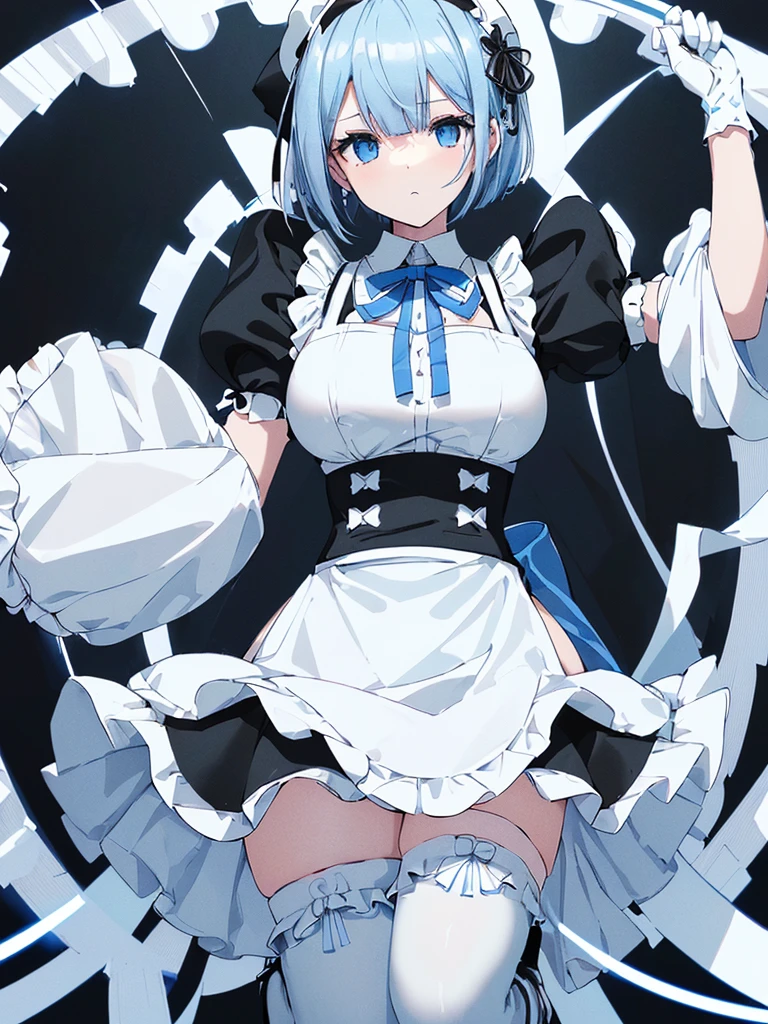  masterpiece, best quality, ultra-detailed,re zero, Blue hair, Short bob hair, large breasts,(white and black theme:1.4)
(fusion of (sleeveless white high neck
and collared [crop top]) and (black puff
sleeves):1.4), (white tops and black
short sleeves:1.2), (wearing a white
half apron over a black skirt:1.4), (waist
cincher:1.3), (white half apron), (white
maid head-band with ruffles on head,
white brim on head):1.3), (white thigh high
stockings:1.4), (white arm warmers, white
long glove):1.3), (black heeled pumps:1.2),
 (light-blue theme:1.2), (light-blue
lines on skirt:1.3), (light-blue ribbon bow
on neck:1.3),
