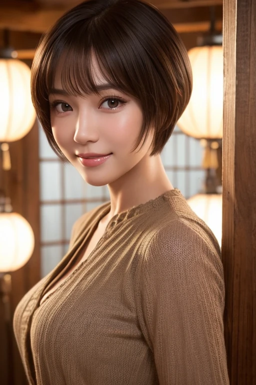 Echiechi, Constricted body, Rumor, adult woman, 30 generations, beautiful detailed eyes, short bob hair, best quality, masterpiece, Layer Bob Hair, Moist eyes, Pixie Cut, Awesome pose, long eyes, brown eyes, brown eyes, smile, smiling, real, glossy lips, Chubby lips, Japanese, natural makeup, small ass, slender face, professional lighting, cowboy shot, 8 heads and bodies, selfie, Menes, baby doll,