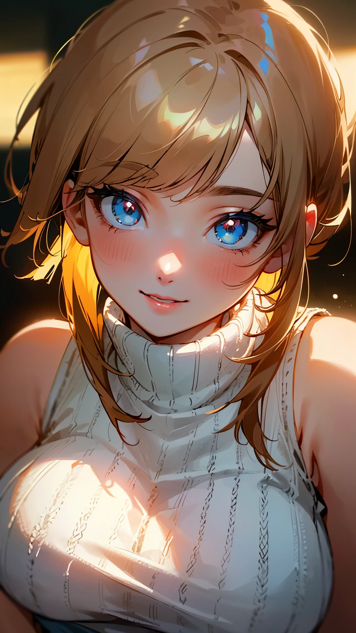 (UHD, retina, masterpiece, accurate, anatomically_correct, textured_skin, super_detail, high_details, high_quality, best_quality, high_res, 1080P, HD, 4K, 8k, 16k), (beautiful_detailed_eyes, beautiful_detailed_lips, extremely_detailed_eyes_and_face), soft_lighting, physically-based_rendering, vivid_colors, (large_breasts:1.5), (shiny_hair, shiny_skin, tanned_skin, blush), (bangs:1.5), eye_reflection, (bokeh), smile_and_laugh, (sleeveless_turtleneck_knit:1.5), from above,
