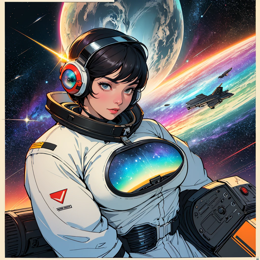(((32k))),(((highest quality))),(Perfect One Woman),60's,70's,80's,old movie posters,retro,vintage,bauhaus,abstract,Space Thriller Movie Poster,Futuristic,shape,OK,cosmos,galaxy,satellite,mechanical,Geometric pattern,meteor,meteorite,planet,very delicate,宇宙飛OK士,Milky Way,big breasts,cleavage,rainbow,massive stream of light,flare,overlay,aurora,Starry sky,