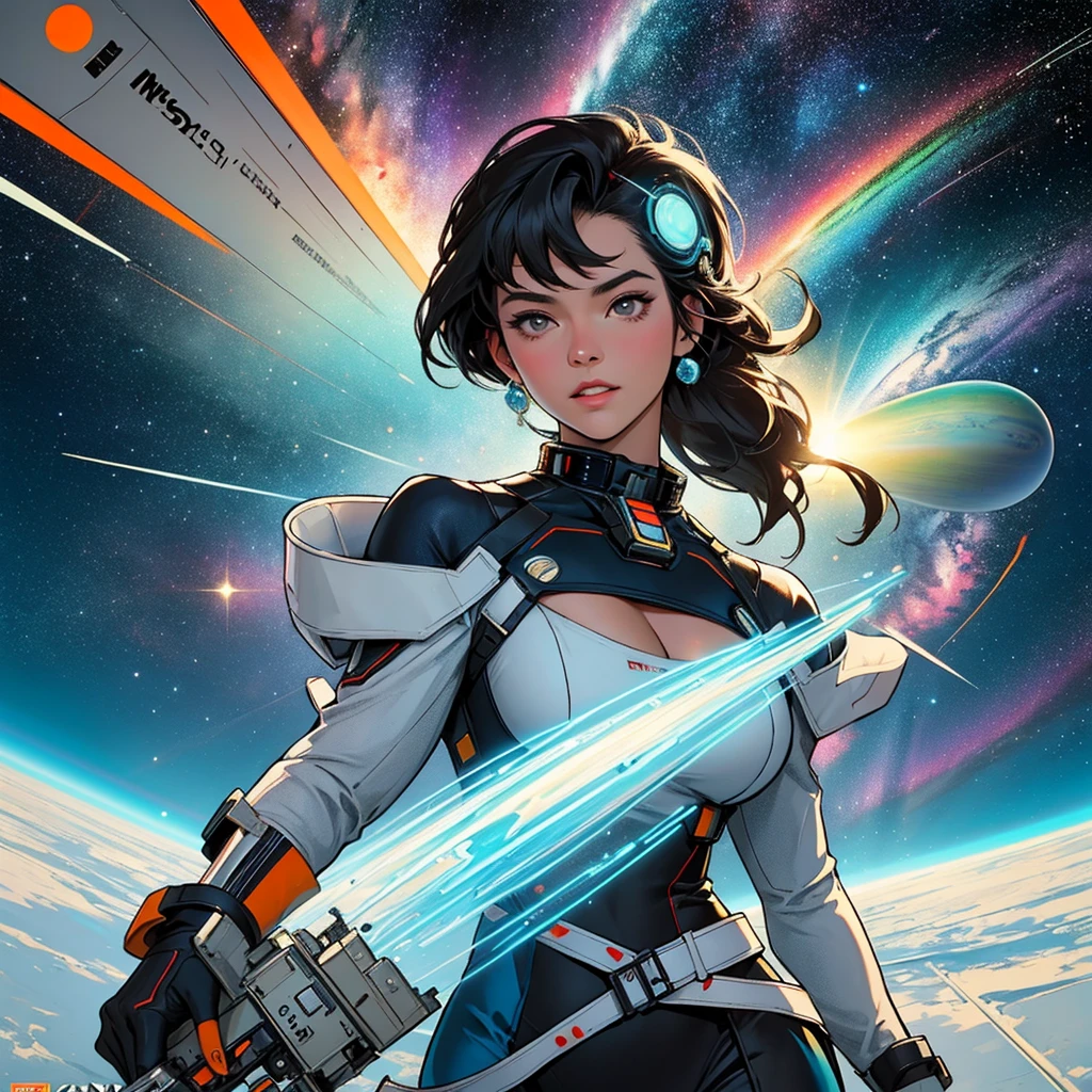 (((32k))),(((highest quality))),(Perfect One Woman),60's,70's,80's,old movie posters,retro,vintage,bauhaus,abstract,Space Thriller Movie Poster,Futuristic,shape,OK,cosmos,galaxy,satellite,mechanical,Geometric pattern,meteor,meteorite,planet,very delicate,宇宙飛OK士,Milky Way,big breasts,cleavage,rainbow,massive stream of light,flare,overlay,aurora,Starry sky,