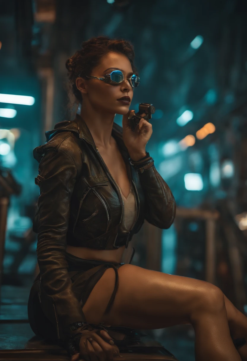 uma belissima mulher ciborgue cyberpunk, olhos azuis, calelo curto, corpo humano, mechanic legs, mechanical arms, em uma cidade furista, 8k  ultra detalhado e realista