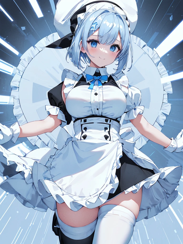  masterpiece, best quality, ultra-detailed,realistic, zero, Blue hair, Short bob hair, large breasts,smiling, (white and black theme:1.4)
(fusion of (sleeveless white high neck
and collared [crop top]) and (black puff
sleeves):1.4), (white tops and black
short sleeves:1.2), (wearing a white
half apron over a black skirt:1.4), (waist
cincher:1.3), (white half apron), (white
maid head-band with ruffles on head,
white brim on head):1.3), (white thigh high
stockings:1.4), (white arm warmers, white
long glove):1.3), (black heeled pumps:1.2),
 (light-blue theme:1.2), (light-blue
lines on skirt:1.3), (light-blue ribbon bow
on neck:1.3),
