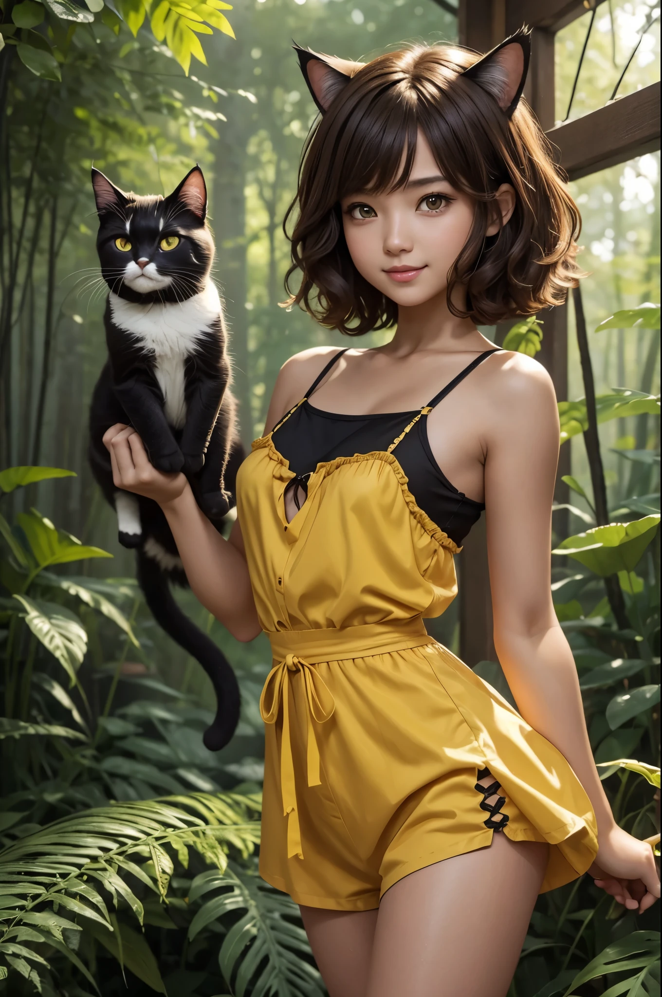 8K,と黒One Piece着て写真を撮るsmall breasts cat girl, small breasts cat girl, Attractive bright brown hair and short permed hair, fantasy art, little cat girl, Wojtek Füss, One Piece, Chiquita, trending on cgstation,in the forest,laughter,Light brown permed short hair,shorts with black,attractive,Super high resolution,skin that looks real,has cat eyes,very small breasts,