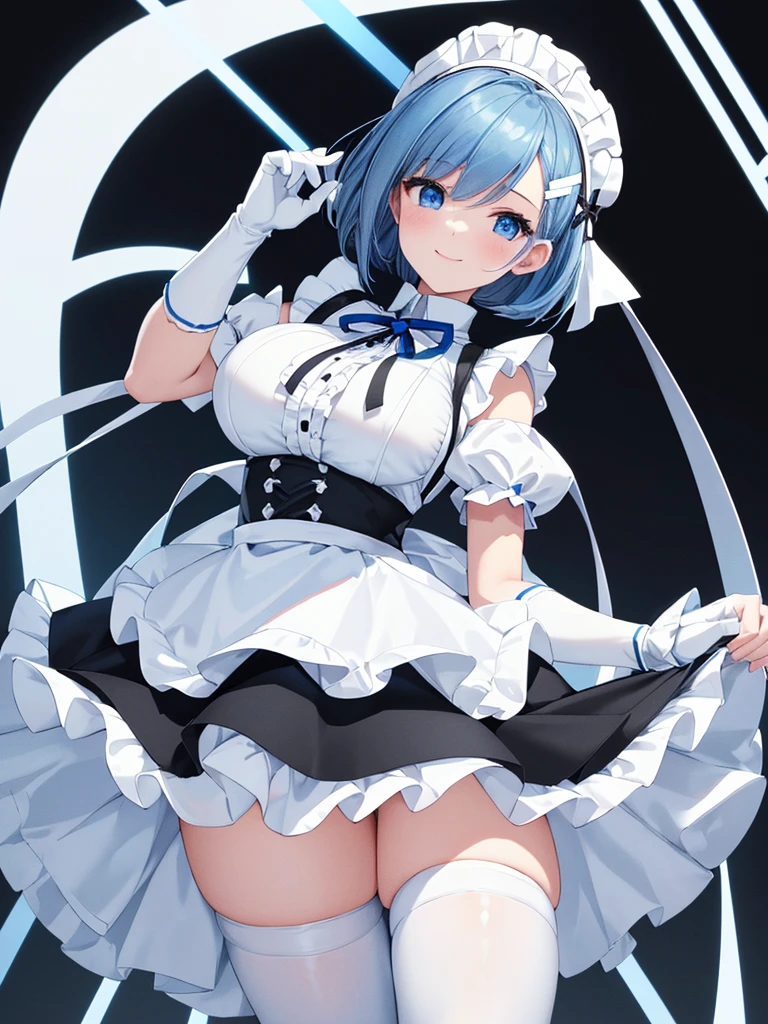  masterpiece, best quality, ultra-detailed,realistic, zero, Blue hair, Short bob hair, large breasts,smiling, (white and black theme)
(fusion of (sleeveless white high neck
and collared [crop top]) and (black puff
sleeves)), (white tops and black
short sleeves), (wearing a white
half apron over a black skirt), (waist
cincher), (white half apron), (white
maid head-band with ruffles on head,
white brim on head)), (white thigh high
stockings), (white arm warmers, white
long glove)), (black heeled pumps),
 (light-blue theme), (light-blue
lines on skirt), (light-blue ribbon bow
on neck),
