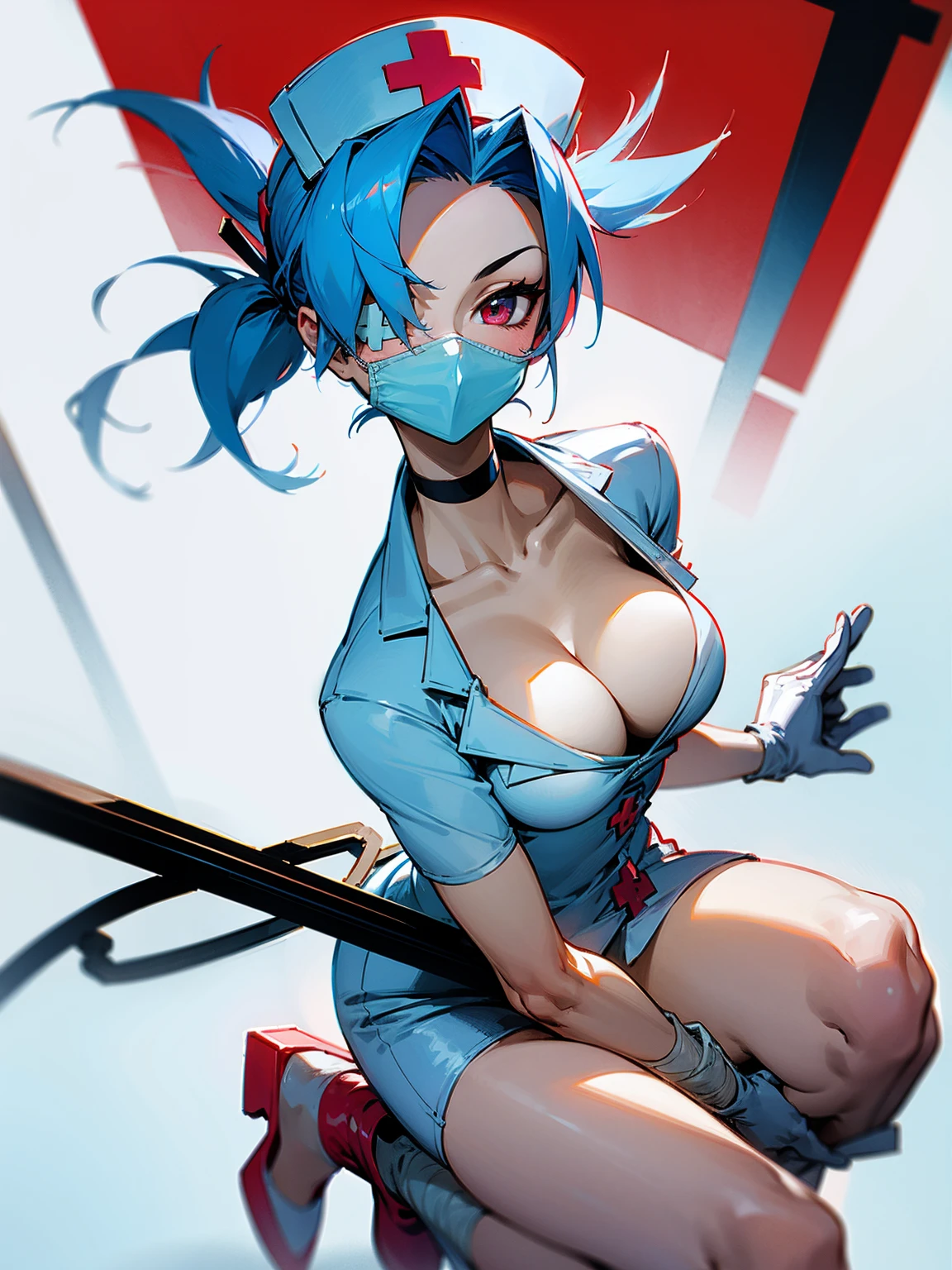 (masterpiece), best quality, expressive eyes, perfect face, (highly detailed, UHD), valentine, skull, eyepatch, hair over one eye, light blue hair, nurse cap, nurse, surgical mask, large breasts, cleavage, white gloves, choker, red cross, bandages, white footwear, white background