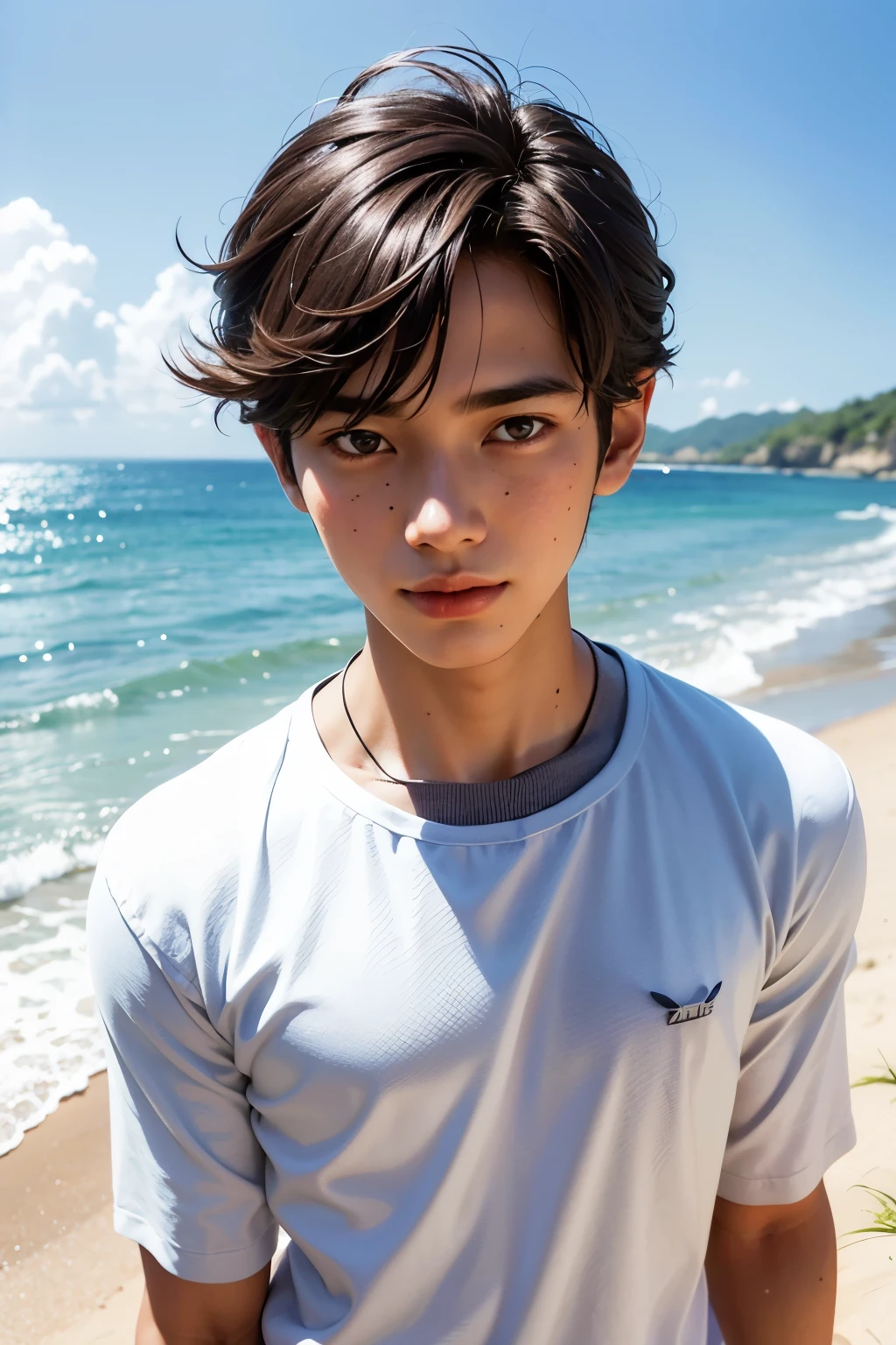Cute boy、Fair skin、blue eyes、blue sea、Sandy beach background、Dark blue shorts、blush